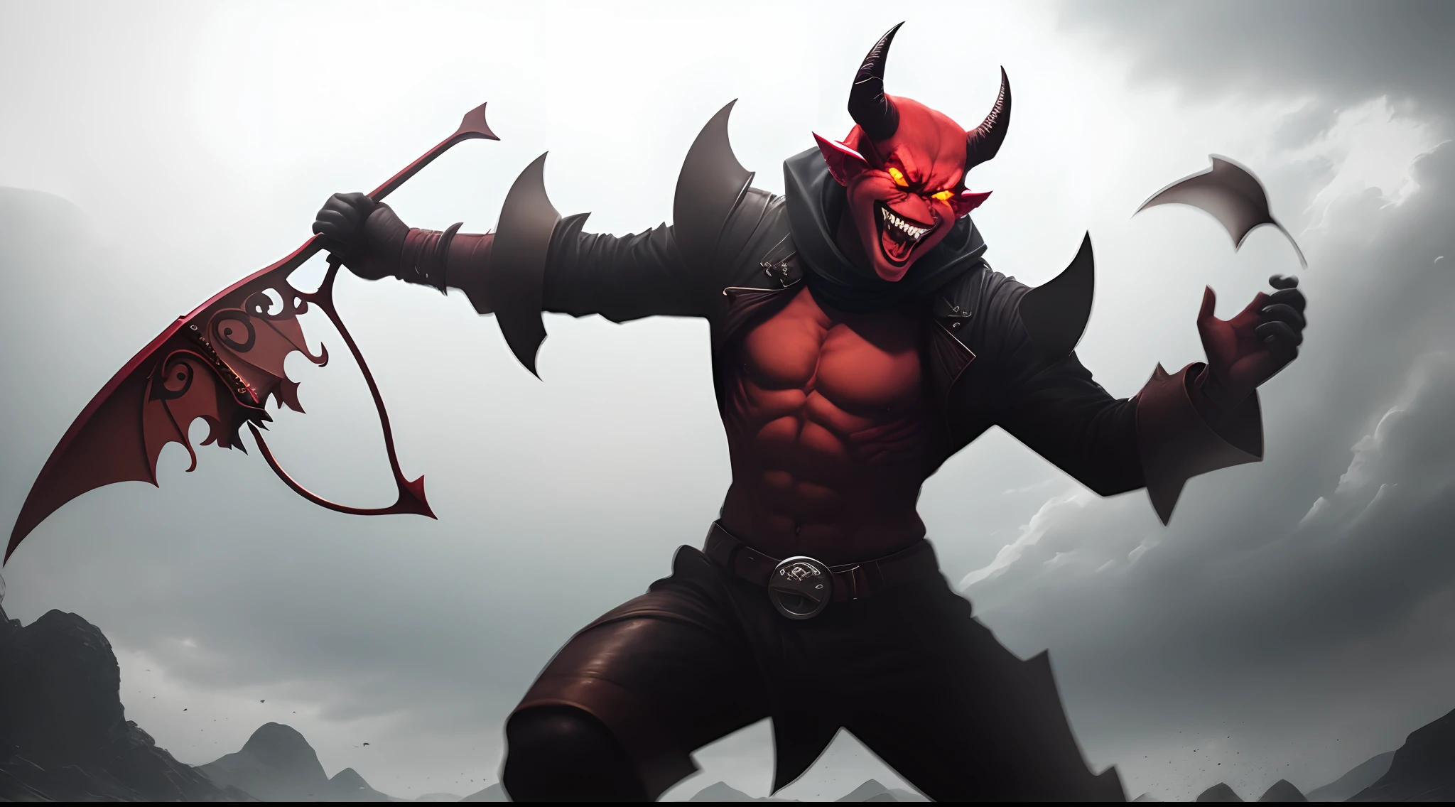 Create an image of a devil happy by throwing a boomerang