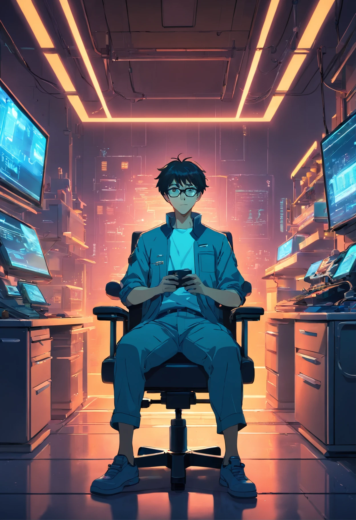 .RAW, wide angle, A man in a dark lab sitting in a chair from the future wears glasses., Pele negra avermelhada, laboratory, hardware, Ambiente Luminoso, neon light, ((cyberpunk))