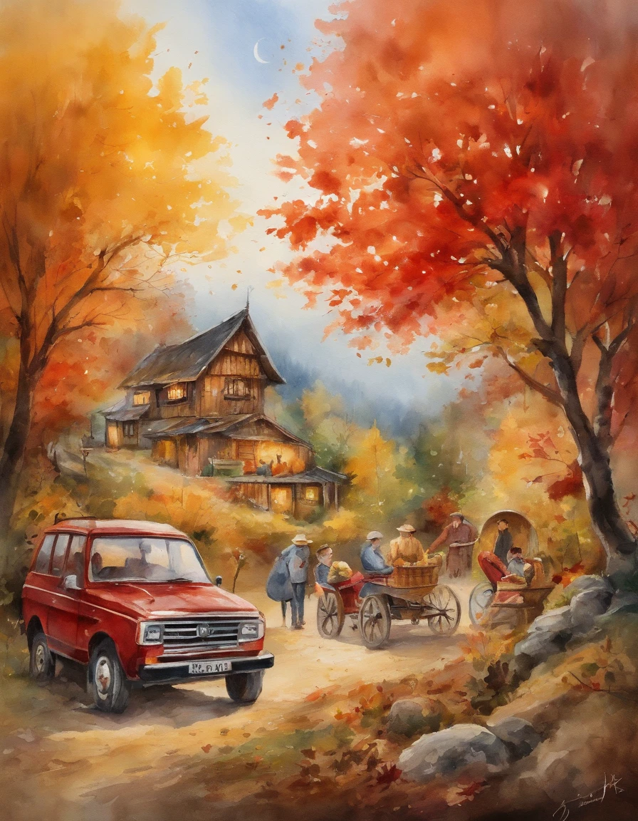 A place with red, yellow, and green autumn leaves, Japanese people, a bonfire, a 4WD vehicle, four adults drinking coffee around a simple table, children enjoying picking chestnuts, a barking dog, outdoors, camping with many people, chatting, enjoy. Smile, Best Quality, 8K, Masterpiece, Best Quality, Super Resolution, 8k Portrait, Unity 8k Wallpaper, 8k Portrait,