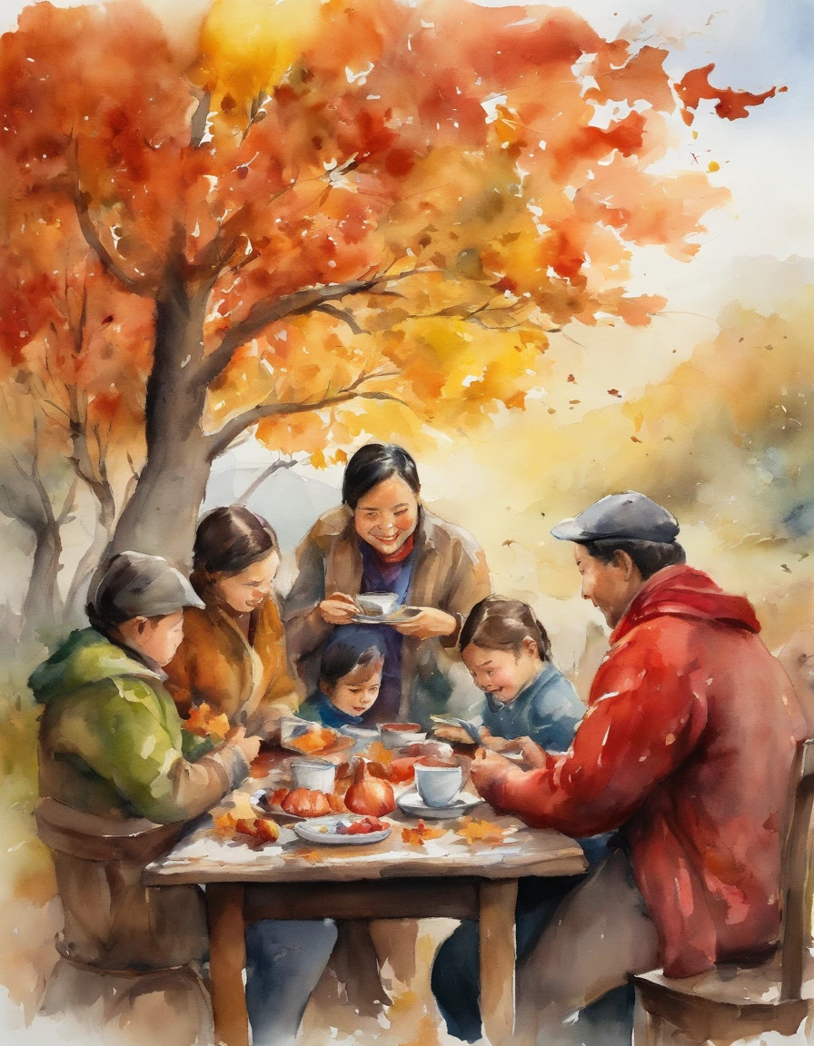 A place with red, yellow, and green autumn leaves, Japanese people, a bonfire, a 4WD vehicle, four adults drinking coffee around a simple table, children enjoying picking chestnuts, a barking dog, outdoors, camping with many people, chatting, enjoy. Smile, Best Quality, 8K, Masterpiece, Best Quality, Super Resolution, 8k Portrait, Unity 8k Wallpaper, 8k Portrait,