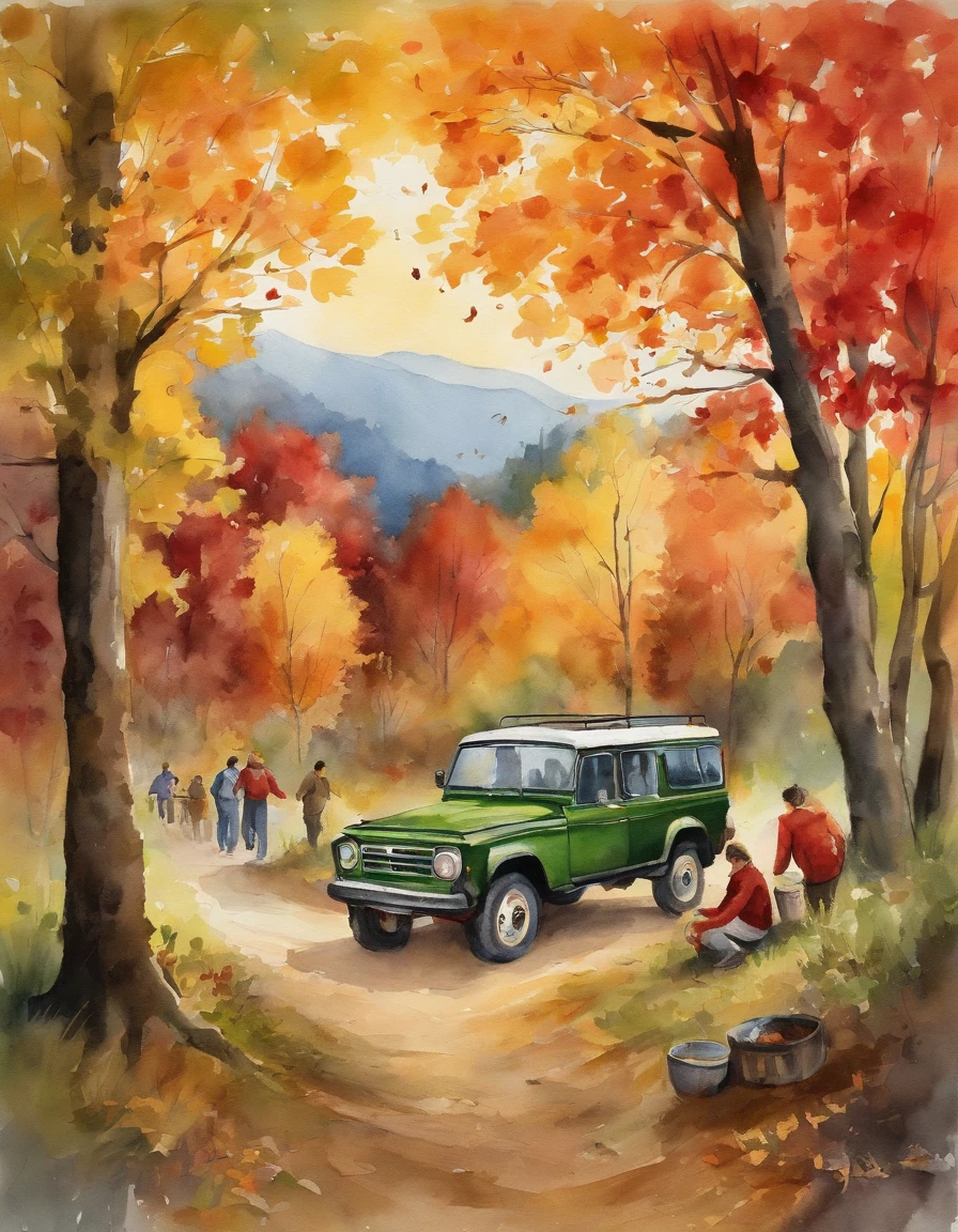 A place with red, yellow, and green autumn leaves, Japanese people, a bonfire, a 4WD vehicle, four adults drinking coffee around a simple table, children enjoying picking chestnuts, a barking dog, outdoors, camping with many people, chatting, enjoy. Smile, Best Quality, 8K, Masterpiece, Best Quality, Super Resolution, 8k Portrait, Unity 8k Wallpaper, 8k Portrait,