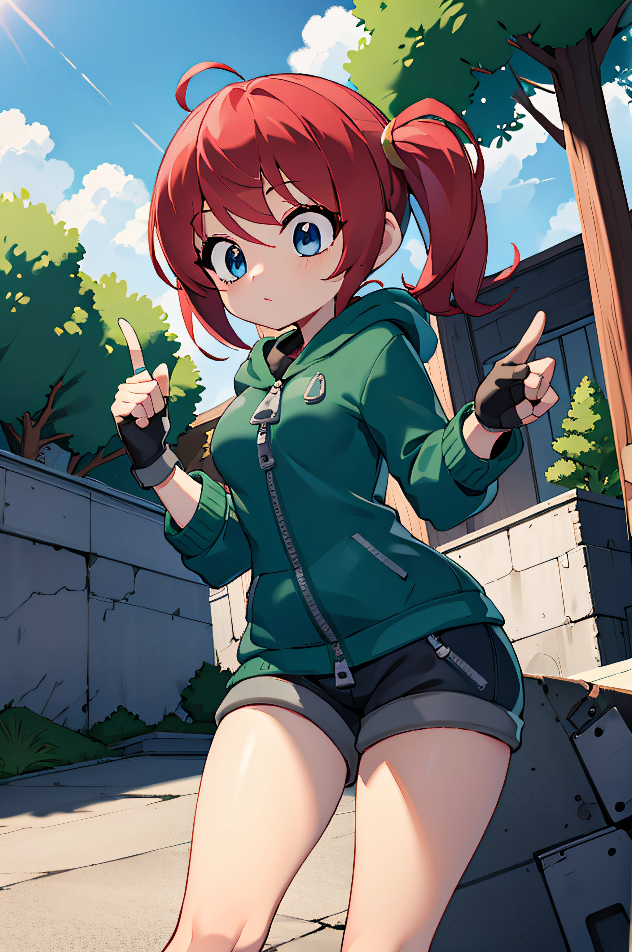 1girl, solo, blue eyes, gloves, twintails, red hair, outdoors, sky, day, green hood, fingerless gloves, tree, pointing, zipper