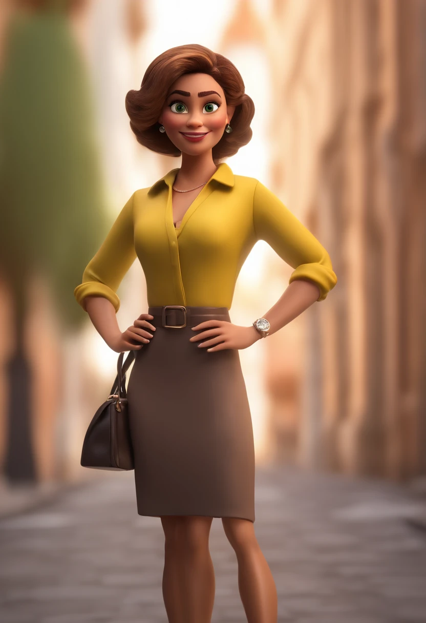 Cartoon character of a LIGHT brown skinned green-eyed woman in businesswoman outfit, animation character, Caractere estilizado, animation style rendering, 3D estilizado, Arnold Maya render, 3 d render stylized, toon render keyshot, Personagem 3D, Personagem 3D, 3d rendering stylized, 3 d character render, personagem de desenho animado, Personagem de close up, Pose de personagem, (Estilo Pixar) (master part:1.2) (Bokeh) (best quality) (pele detalhada) (textura detalhada) (8k) (argila) (Cinematic lighting) (foco nítido