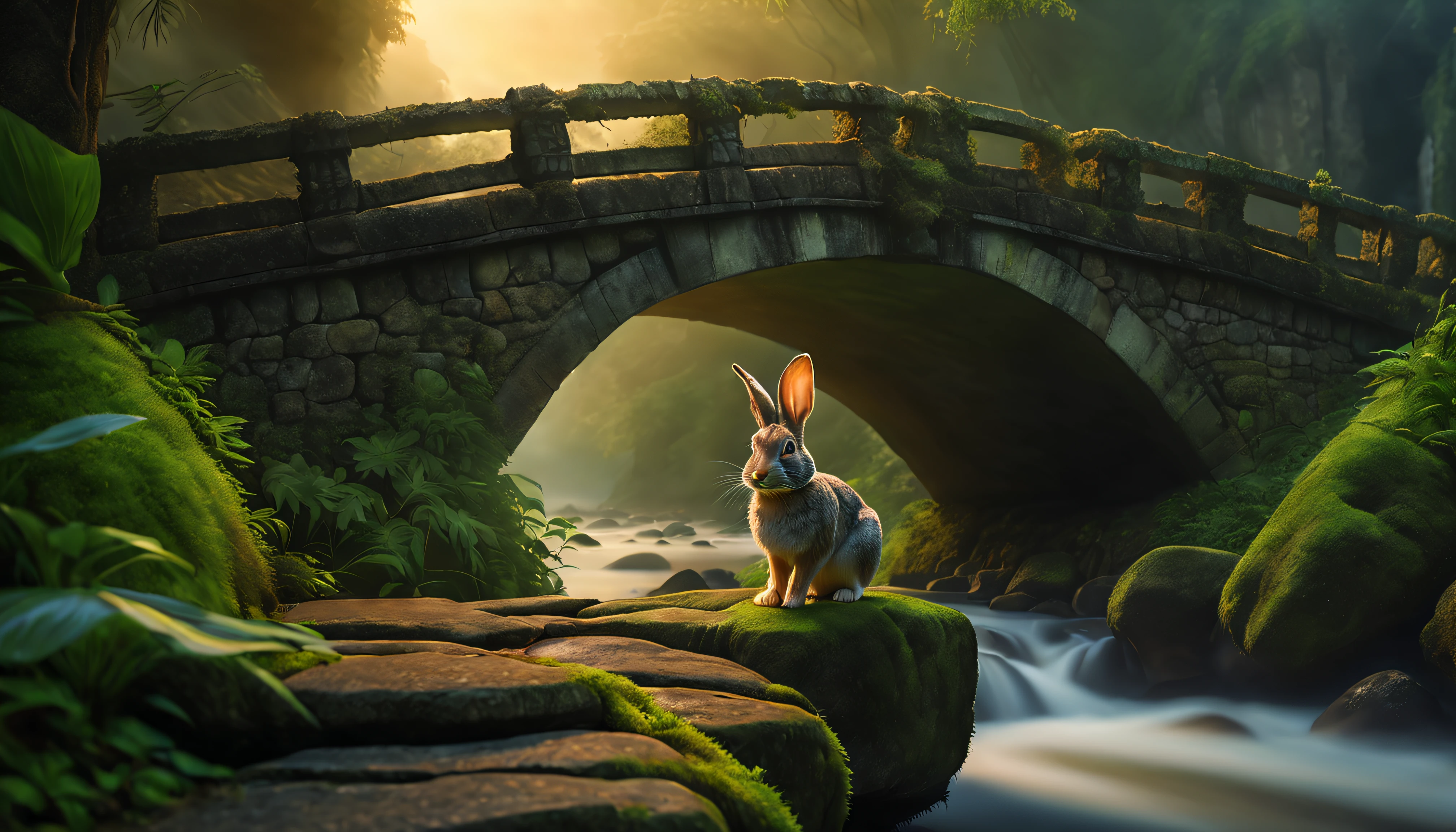 In the ancient city on the edge, An adventurous rabbit stands on an old stone bridge. under bridge, There is a fast-flowing river, On both sides of the riverbank, There are dense jungles. SunsetAfterglow illuminates the brave figure of the adventurous bunny. The stones on the bridge are mottled and ancient, Covered with moss and weeds. Distant cities are shrouded in clouds, It gives a sense of mystery. In this artwork, Meticulous detail depicts the rabbit's fur, The texture of the stone bridge, and the silhouette of the city, All of this is clearly visible. Lifelike lighting effects，Make the whole scene action-packed.

Labels: Adventurous bunny, Ancient city, Stone bridge, Rushing rivers, dense jungle, SunsetAfterglow, Mottled stones, moss, weed, Clouds, Mist, Detailed fur, Textured bridges, The mysterious city, Realistic lighting effects. 

(Best quality, 4K, 8K, A high resolution, Masterpiece:1.2), Ultra-detailed, (Realistic, Photorealistic, photo-realistic:1.37), hdr, hyper HD, Studio lighting, Extreme detail description, professional, Vivid colors, Bokeh, sportrait, landscape, Concept artist.