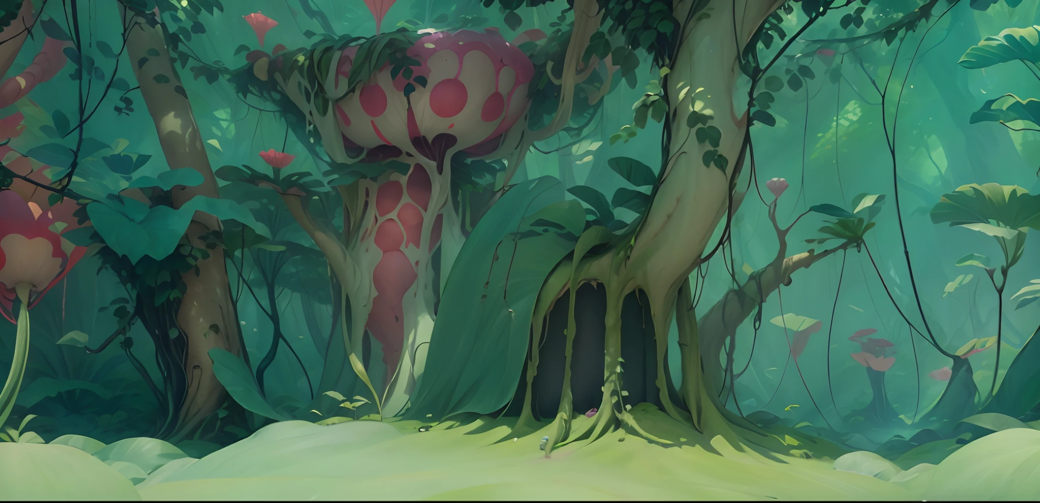 cartoon of a forest with a lot of different animals in it, alien forest in background, forestpunk background, forrest background, elf forest background, background art, background artwork, animated episode still, anime lush john 8k woods, forest backdrop, overgrown with shiny blobs, strange alien forest, forest in the background, magical forest background, forest in background