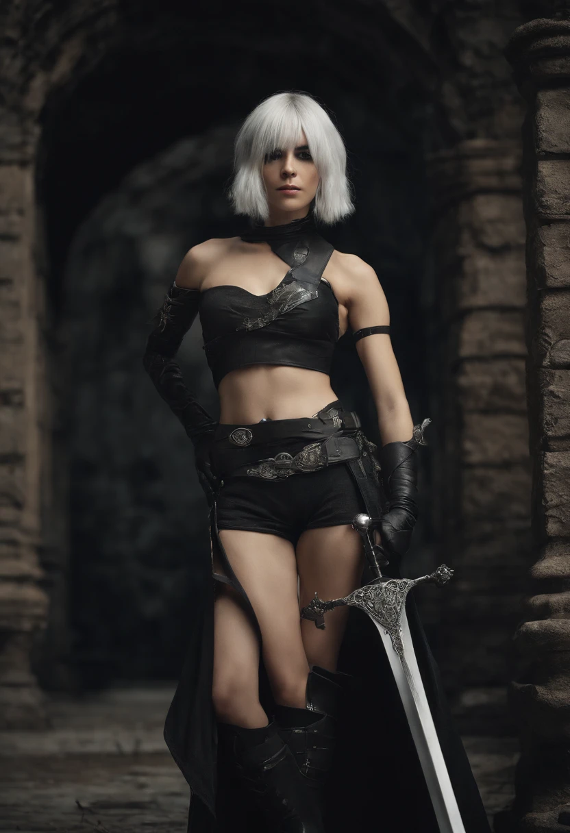 Nier:Automata | Square Enix Holding a sword、There is a woman with a tattoo on her chest, 2 b, 2b, nier 2 b, 2 b from nier automata, 2b from nier automata, 2b nier automata, 2B NIER Automata Female Protagonist 👀 :8, v from devil may cry as an elf, nier-inspired, Nier Beautie Cosplay Nier Automata Ruins full body Esbian modeled the pose Background with abandoned factory Aging