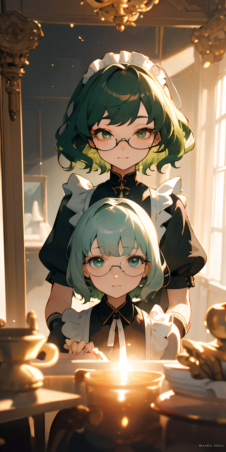 {{​masterpiece,hight resolution,Best Work}},top-quality,Ultra-detailed CG Unity,8k wallpaper,lensflare, (Detailed beautiful eyes),Particle,Look-alike twin women,Short hair with very short wavy hair, Cool Face,Glasses with silver frame,Golden Eyes,Small pupils,Green hair,Big,Bursting milk,Classic Maid Clothing,Antique-style rooms,