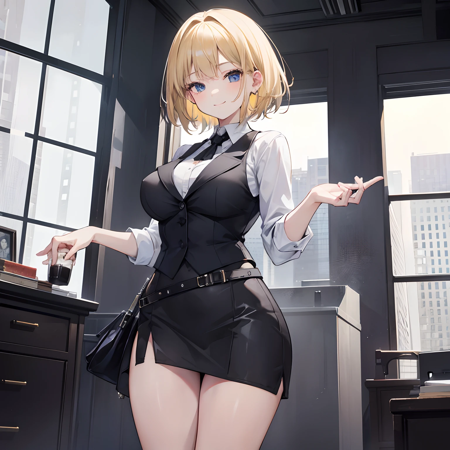 Masterpiece, 1 girl, smiling, black wrap skirt, black vest, chillerism, short blonde hair, office