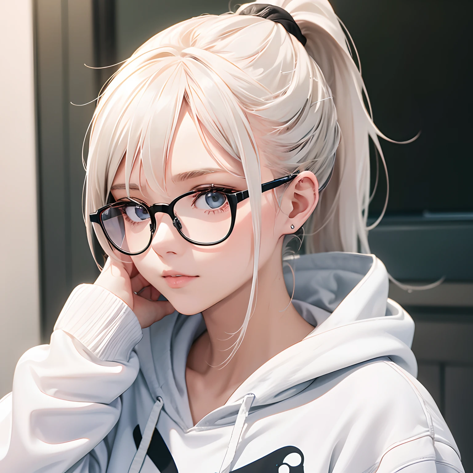 1girl, ponytail hair, white hoodie, glasses, 4k, masterpiece, high quality