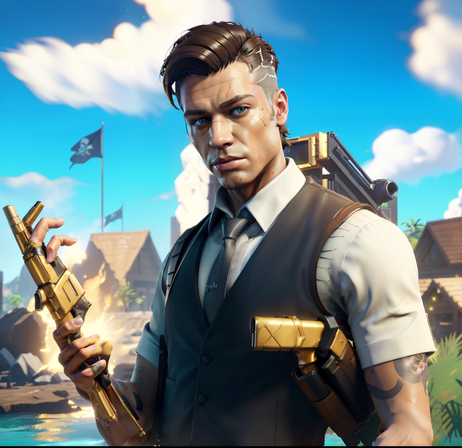 (best quality,4k,8k,highres,masterpiece:1.2),ultra-detailed,realistic, Fortnite character with a tan skin, wearing a vest and tie, holding a gun in the vest, epic art style, one golden hand and one white hand with a skull tattoo, heterochromia eyes (one golden and one white)