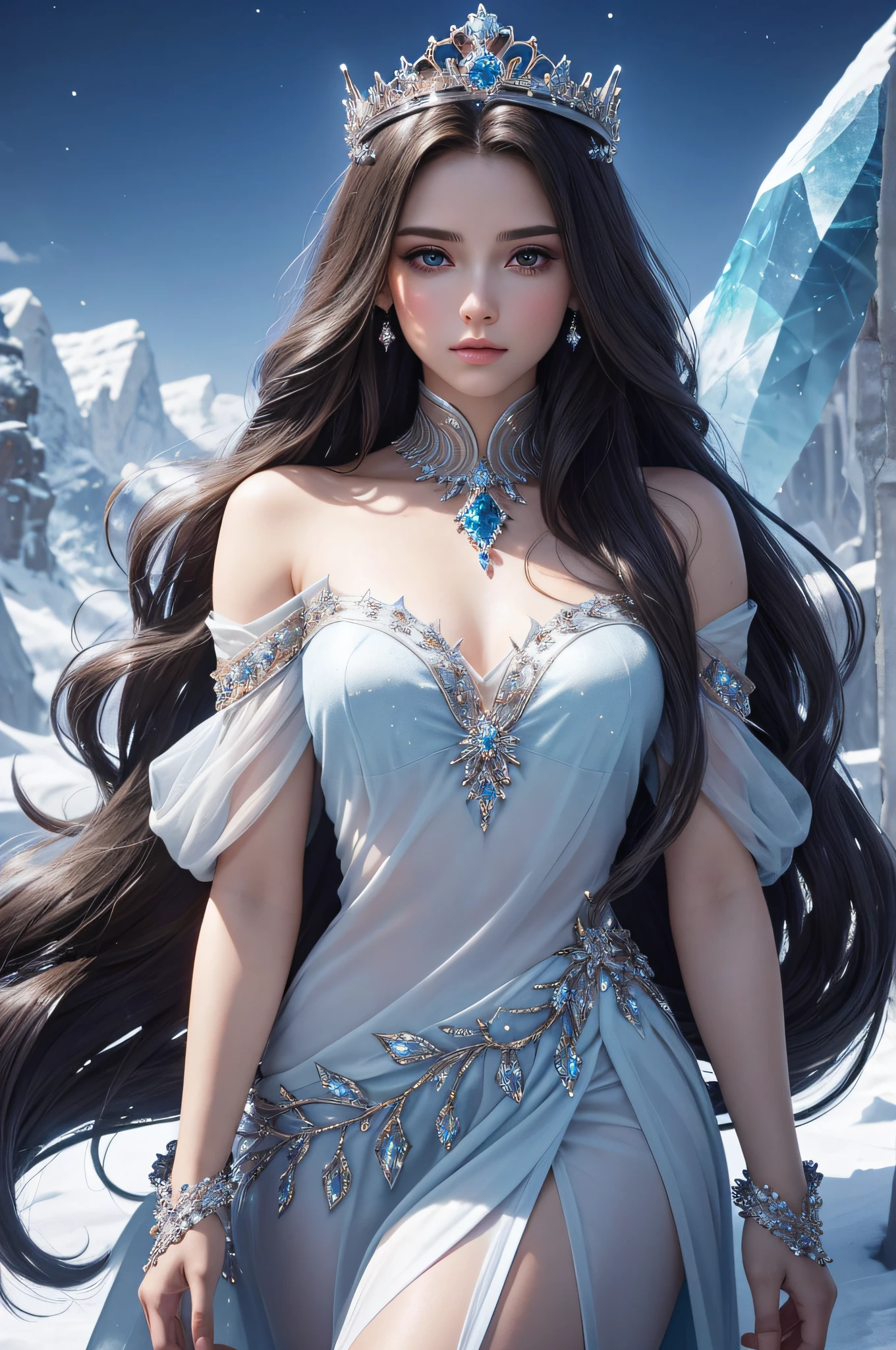 create a brunette ice queen, Beautiful Woman, Beautiful woman, perfect, princess, fantasy , with beautiful long hair, flowing hair, long hair equal to the size of Rapunzel, black and gray color, beautiful, with an ice crystal crown, female princess, perfect queen, crystal around, beautiful woman, loose hair, winter in the background, crystals in the background in the image, no crooked fingers, no flaws, no mistakes, no crooked eyes, no flaws