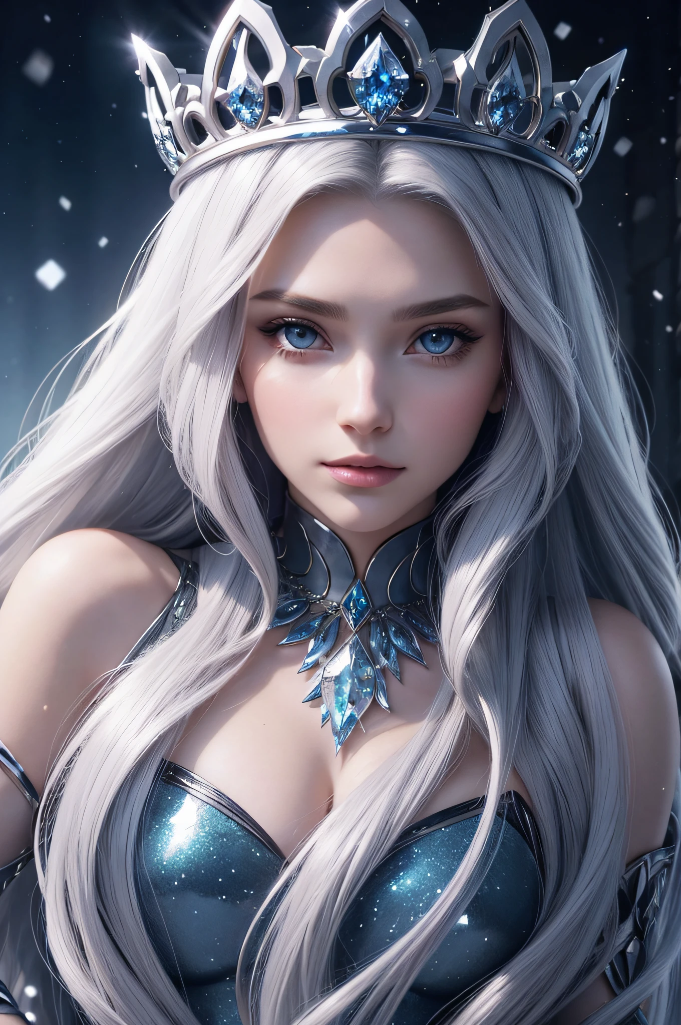 create a brunette ice queen, Beautiful Woman, Beautiful woman, perfect, princess, fantasy , with beautiful long hair, flowing hair, long hair equal to the size of Rapunzel, black and gray color, beautiful, with an ice crystal crown, female princess, perfect queen, crystal around, beautiful woman, loose hair, winter in the background, crystals in the background in the image, no crooked fingers, no flaws, no mistakes, no crooked eyes, no flaws