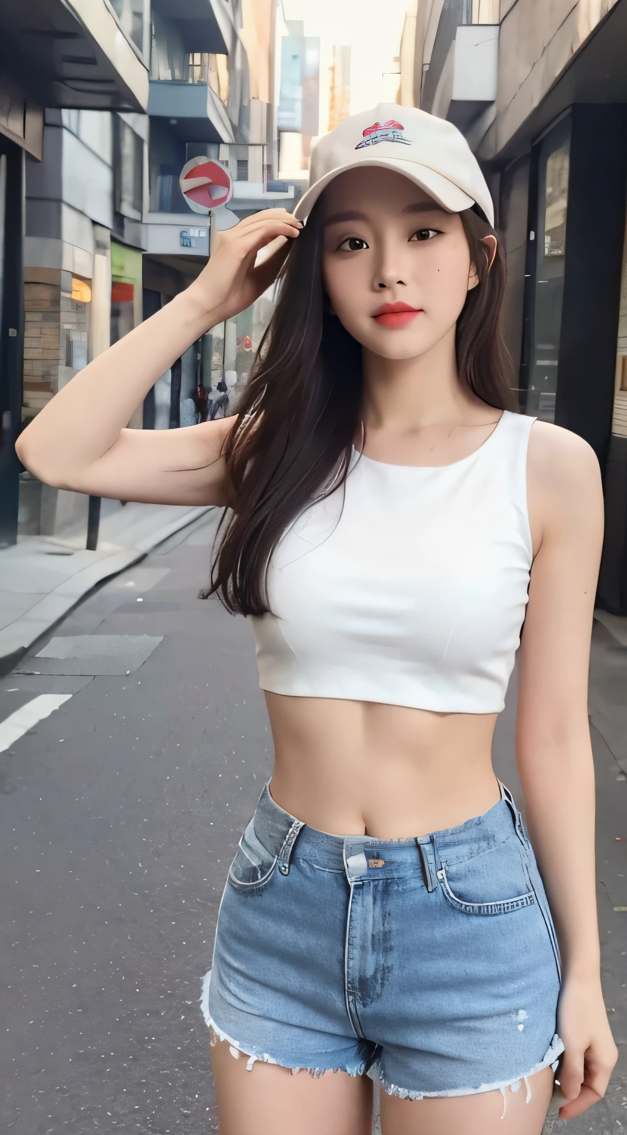 (Extremely meticulous CG),(((8k))),wallpaper,((Extremely refined and beautiful)),(((Masterpiece))),(((best qualtiy))),(((Ultra High Resolution))),beautiful light up,realistic shaded,(Smooth and flawless fair skin:1.5),(Extremely exquisite facial details:1.2),(ultra-detailed:1.5),((a beautiful girl,solo)),(medium straight hair:1.2),(small head:1.2),(slender face:1.2),(Exquisite makeup:1.3),(happy:1.2),(laughing:1.2),(perfect body:1.1),(torn short sleeved black t-shirt:1.5),(shoulder off:1.3),(small breasts:1.2),(flat chest:1.2),(torn denim shorts:1.3),((slim,thin)),(from front:1.3),(standing:1.3),(bare lower abdomen:1.3),(arms behind back:1.3),(at the schoolgate:1.3),(outdoor:1.2),(early summer:1.3),(day scene:1.5),(cloudy:1.3),(surrounded by crowded crowds:1.3),(upper body:1.3)