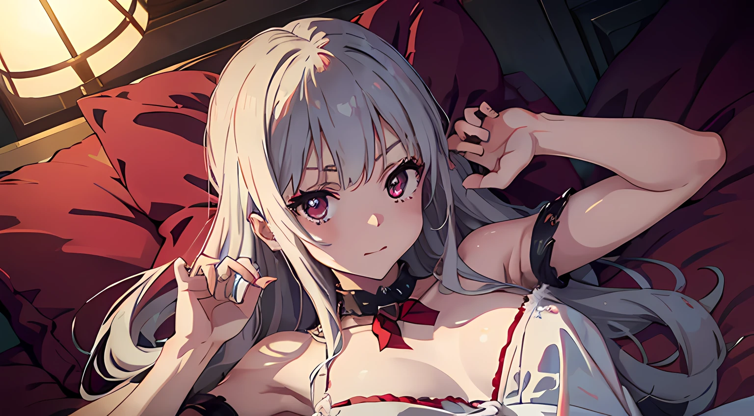 ((Masterpiece, Best quality))++, Detailed light+, Detail hair+, detail hand+ ,1girll, woman, Long hair, dark red eye, Beautiful eyes, Young gray hair,,(Beautiful white hair:1.5),(Beautiful detailed eyes), , high resolution+, Masterpiece, , Glass tones, Reflective eyes, {{Angle}} , extremelydetailedwallpaper, Original,full bodyesbian,Bedrooms,upper legs, Beth,starrysky,Issuing