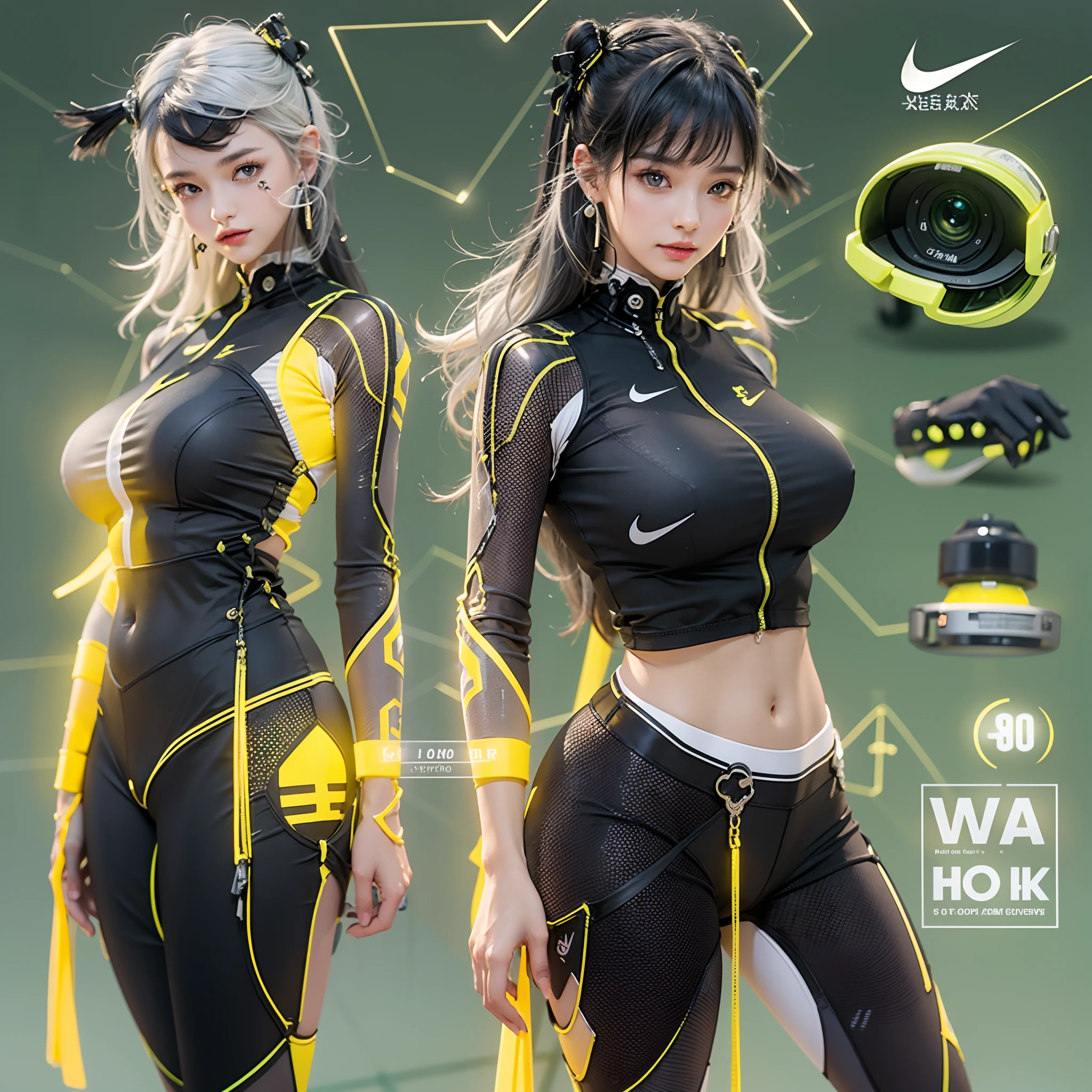 Best quality,tmasterpiece,Ultra-high resolution fills the picture,Indoor at night,Neon lights,Yellow color scheme,Rich egg yellow,Silvery-white hair,Yellow and white tights,Yellow and white color scheme clothing,Sporty skirts,the complex background,Weight instruments in the background,High-tech screen in the background,Lateral face,Smiling,Dress less,There are fitness elements in the rear,nike,nike,nike,Tech gym,Perfect makeup,Love eyes,8K quality,Cyberpunk,sense of science and technology,Character backlighting,rim-light,Movement changes,Flowing hairstyle,Loose hairstyle,The number of fingers is refined,6 avatar diagrams,Luminous stud earrings,Luminous digital necklace,Electronic digital watches,The most beautiful girl in mankind,Delicate close-up of the face,Realistic image quality,Super light and shadow,Very good figure,Meticulous,Arrow symbol,Brand sense,English slogan neon,Runway lights,Fitness gym at night,Very good figure,Raised sexy