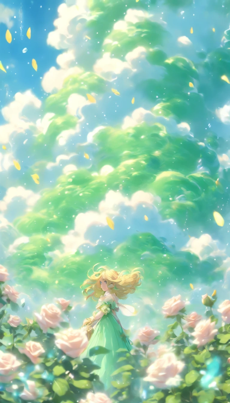 Epic CG matte paint, wide view, pale green clouds, Castelo da Disney, jardim cheio de flores nas nuvens, a few drops of water falling from the clouds, A sea of pale green roses, Imagens HD, Motor irreal, ArtStation 4k HD trend