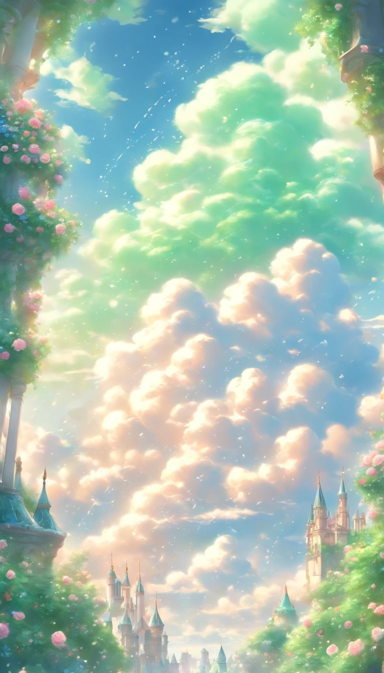 Epic CG matte paint, wide view, pale green clouds, Castelo da Disney, jardim cheio de flores nas nuvens, a few drops of water falling from the clouds, A sea of pale green roses, Imagens HD, Motor irreal, ArtStation 4k HD trend