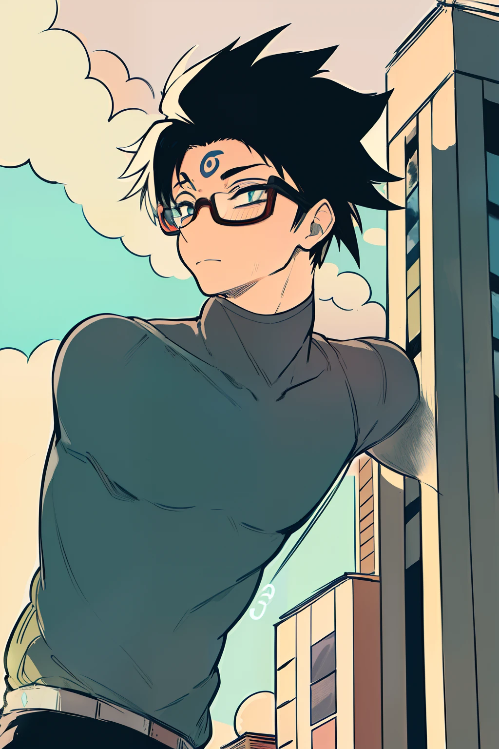 1boy, solo, olhos verdes detalhados, rosto masculino, Built-up area, modern building, Red and black prescription glasses, vast blue sky, nuvens, morning, ensolarado, homem musculoso, fundo detalhado, uzumaki naruto,