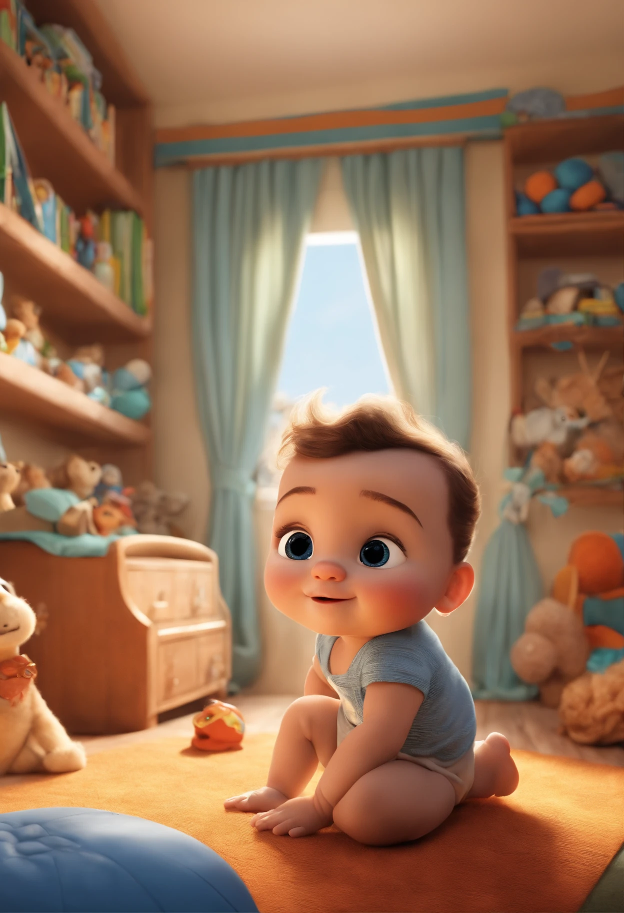 Imagem em formato desenho da Pixar, He is and very intelligent, He's outgoing, Playful and gets up for a lot of things. Cabelo castanho claro penteado para o lado(Not a lot of hair) e olho azul. Background environment a baby room withious colorful toys. The yam needs to look like a Pixar animation and have the text "Seguir" And also "Disney Pixar Studios"
