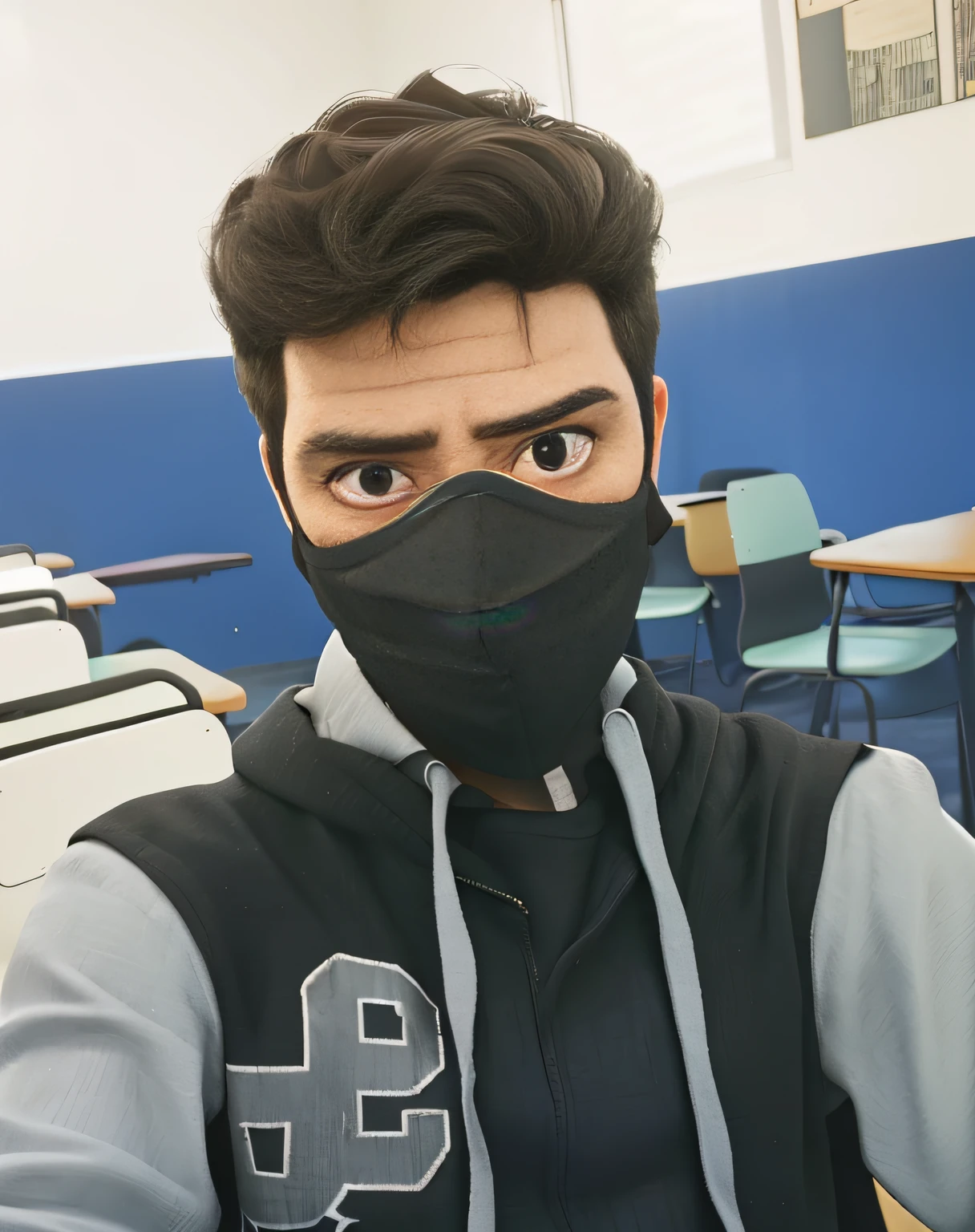 Man wearing black mask in classroom