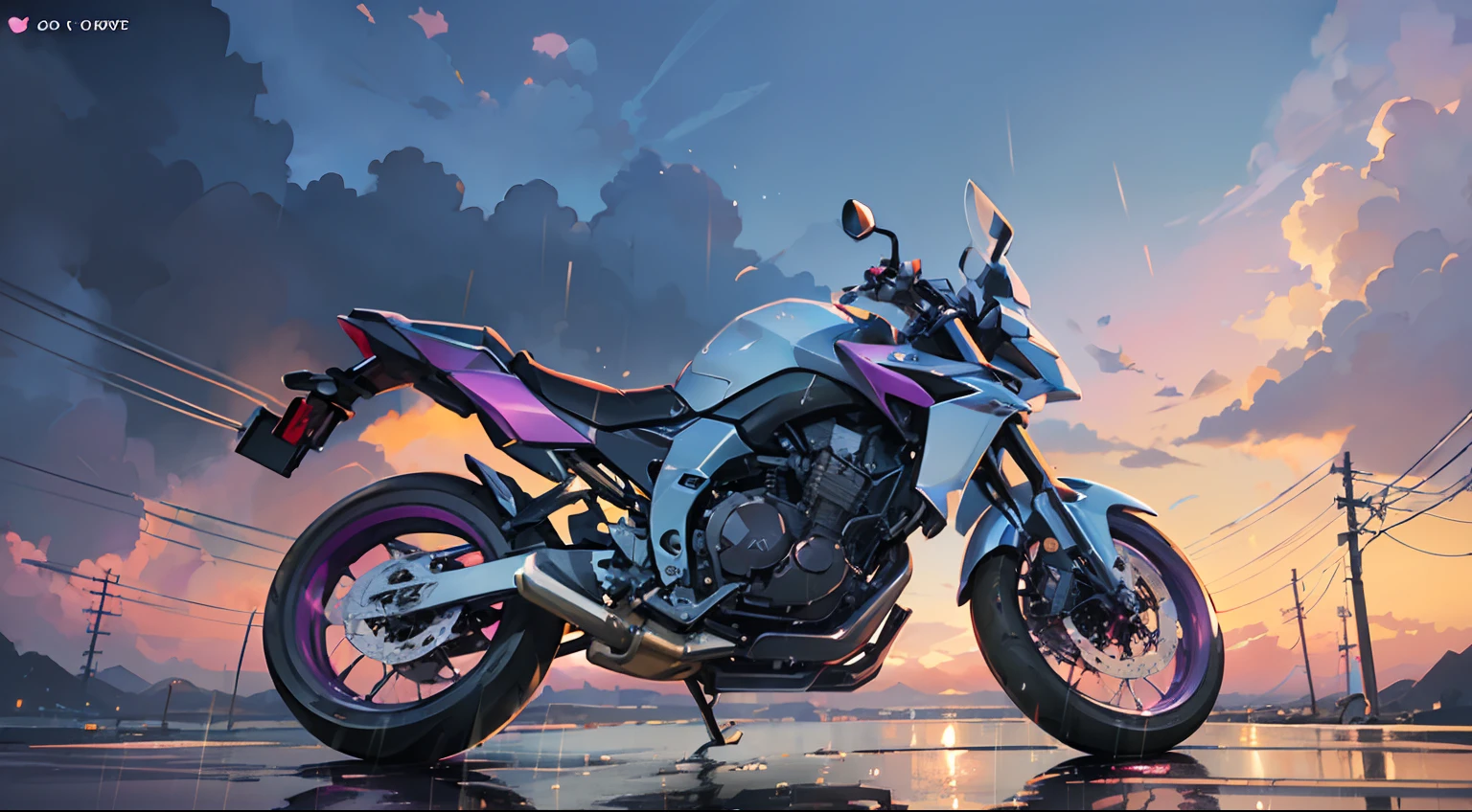 anime scene of a motorcycle passing under a pink and purple sky, an anime drawing by Makoto Shinkai, trend in pixiv, magical realism, beautiful anime scene. by Makoto Shinkai, ( ( Makoto Shinkai ), by Makoto Shinkai, anime background art, Makoto Shinkai style, with lots of rain. --auto