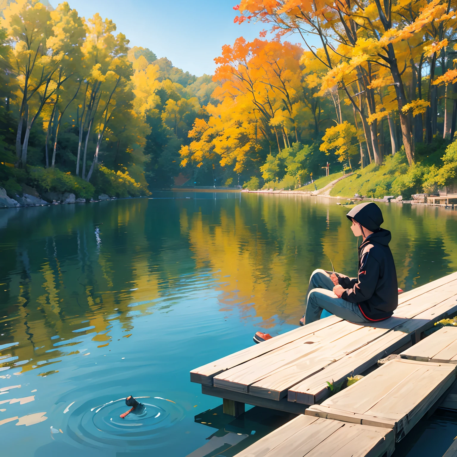 Young man fishing alone in a lake、during daytime、Sitting by the lake、I'm a little lonely、wearing hoodies、autumnal