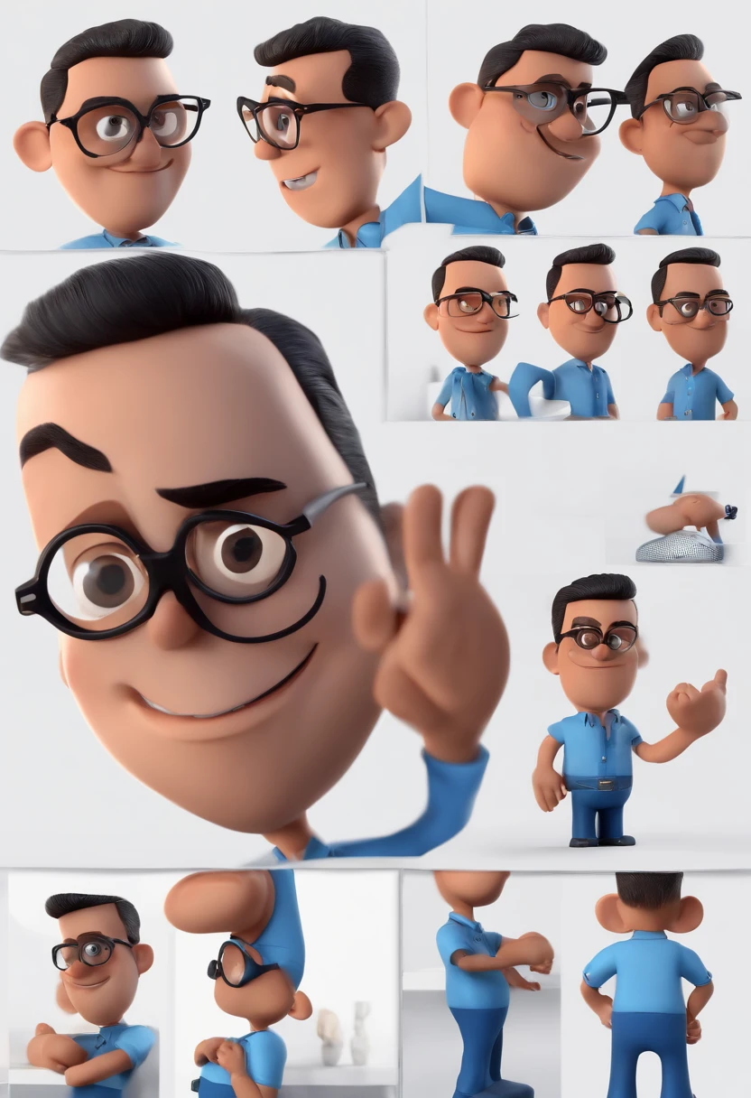 Cartoon character of a man with black glasses and a blue shirt, animation character, Caractere estilizado, animation style rendering, 3D estilizado, Arnold Maya render, 3 d render stylized, toon render keyshot, Personagem 3D, Personagem 3D, 3d rendering stylized, 3 d character render, personagem de desenho animado, Personagem de close up, Pose de personagem,  (Estilo Pixar) (master part:1.2) (Bokeh) (best quality) (pele detalhada) (textura detalhada) (8k) (argila) (Cinematic lighting) (foco nítido
