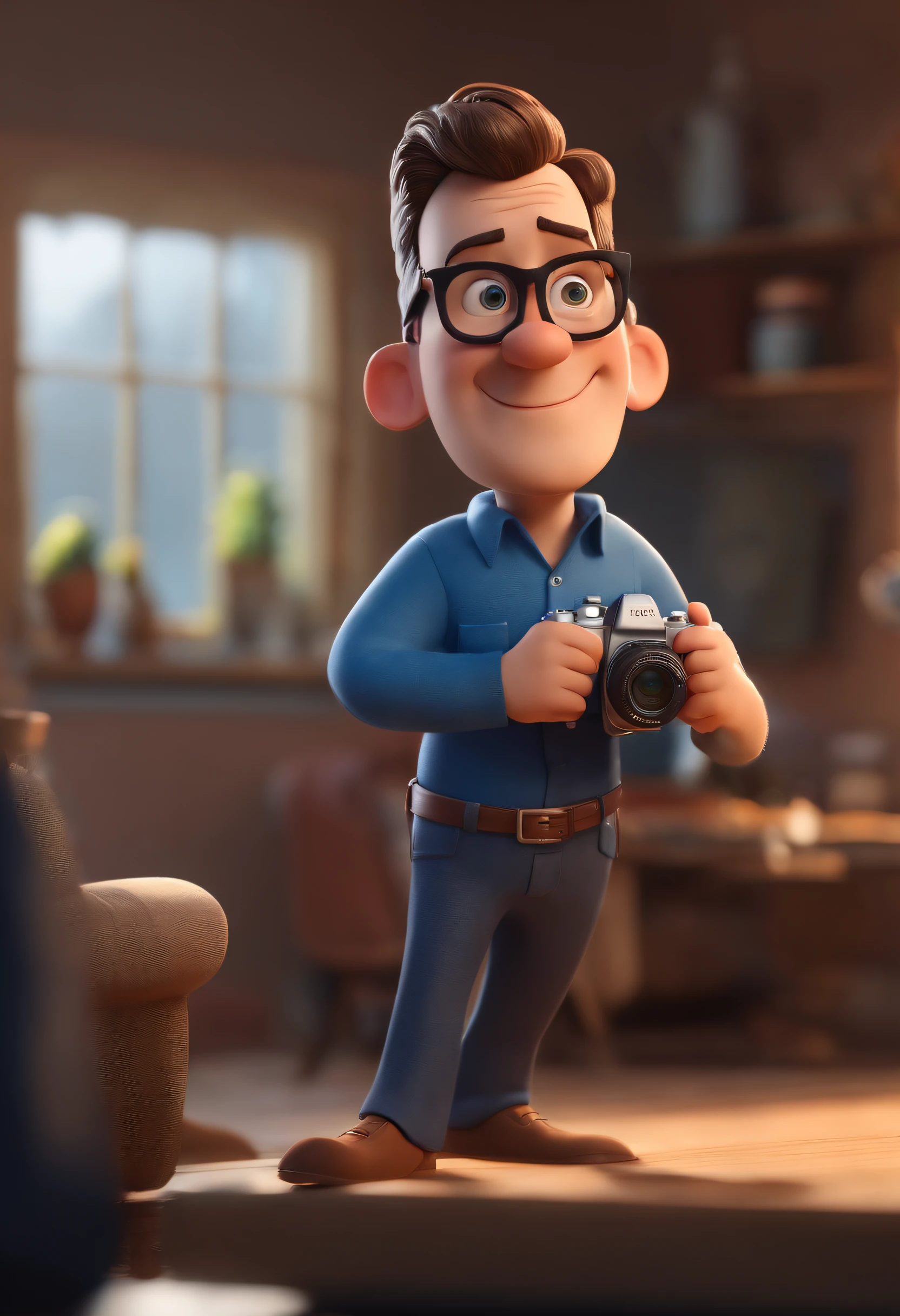 Cartoon character of a caucasian man wearing black glasses and a blue shirt, Holding a Nikon camera, um personagem animado, Caractere estilizado, animation style rendering, 3D estilizado, Arnold Maya render, 3 d render stylized, toon render keyshot, Personagem 3D, Personagem 3D, 3d rendering stylized, 3 d character render, personagem de desenho animado, Personagem de close up, Pose de personagem, (Estilo Pixar) (master part:1.2) (Bokeh) (best quality) (pele detalhada) (textura detalhada) (8k) (argila) (Cinematic lighting) (foco nítido,Senta e vaza a parte superior do corpo Estilo Pixar
