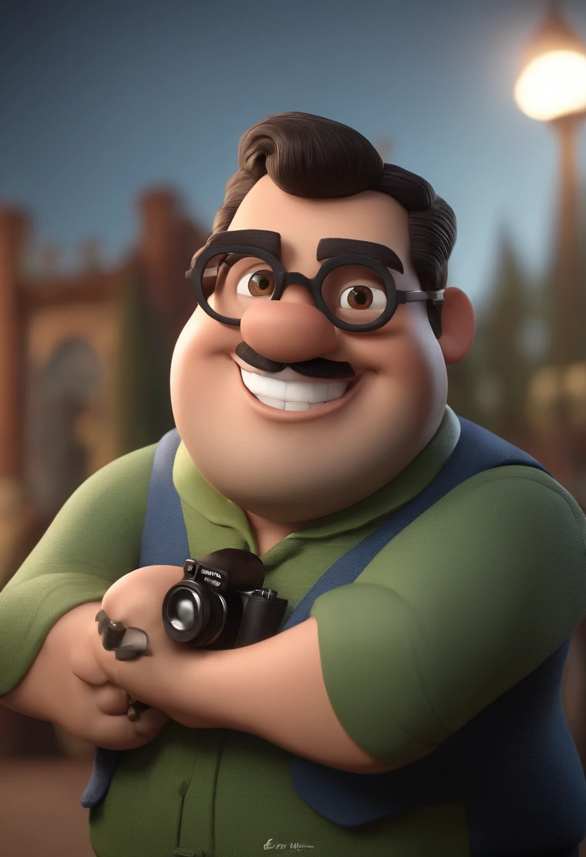 Cartoon character of a chubby man wearing black glasses and a blue shirt, um personagem animado, barba preta com cavanhaque branco, Caractere estilizado, animation style rendering, 3D estilizado, Arnold Maya render, 3 d render stylized, toon render keyshot, Personagem 3D, Personagem 3D, 3d rendering stylized, 3 d character render, personagem de desenho animado, Personagem de close up, Pose de personagem, (Estilo Pixar) (master part:1.2) (Bokeh) (best quality) (pele detalhada) (textura detalhada) (8k) (argila) (Cinematic lighting) (foco nítido,Senta e vaza a parte superior do corpo