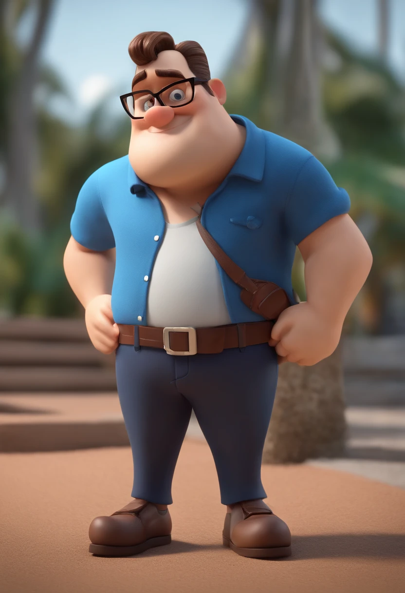 Cartoon character of a chubby man wearing black glasses and a blue shirt, um personagem animado, barba preta com cavanhaque branco, Caractere estilizado, animation style rendering, 3D estilizado, Arnold Maya render, 3 d render stylized, toon render keyshot, Personagem 3D, Personagem 3D, 3d rendering stylized, 3 d character render, personagem de desenho animado, Personagem de close up, Pose de personagem, (Estilo Pixar) (master part:1.2) (Bokeh) (best quality) (pele detalhada) (textura detalhada) (8k) (argila) (Cinematic lighting) (foco nítido,Senta e vaza a parte superior do corpo
