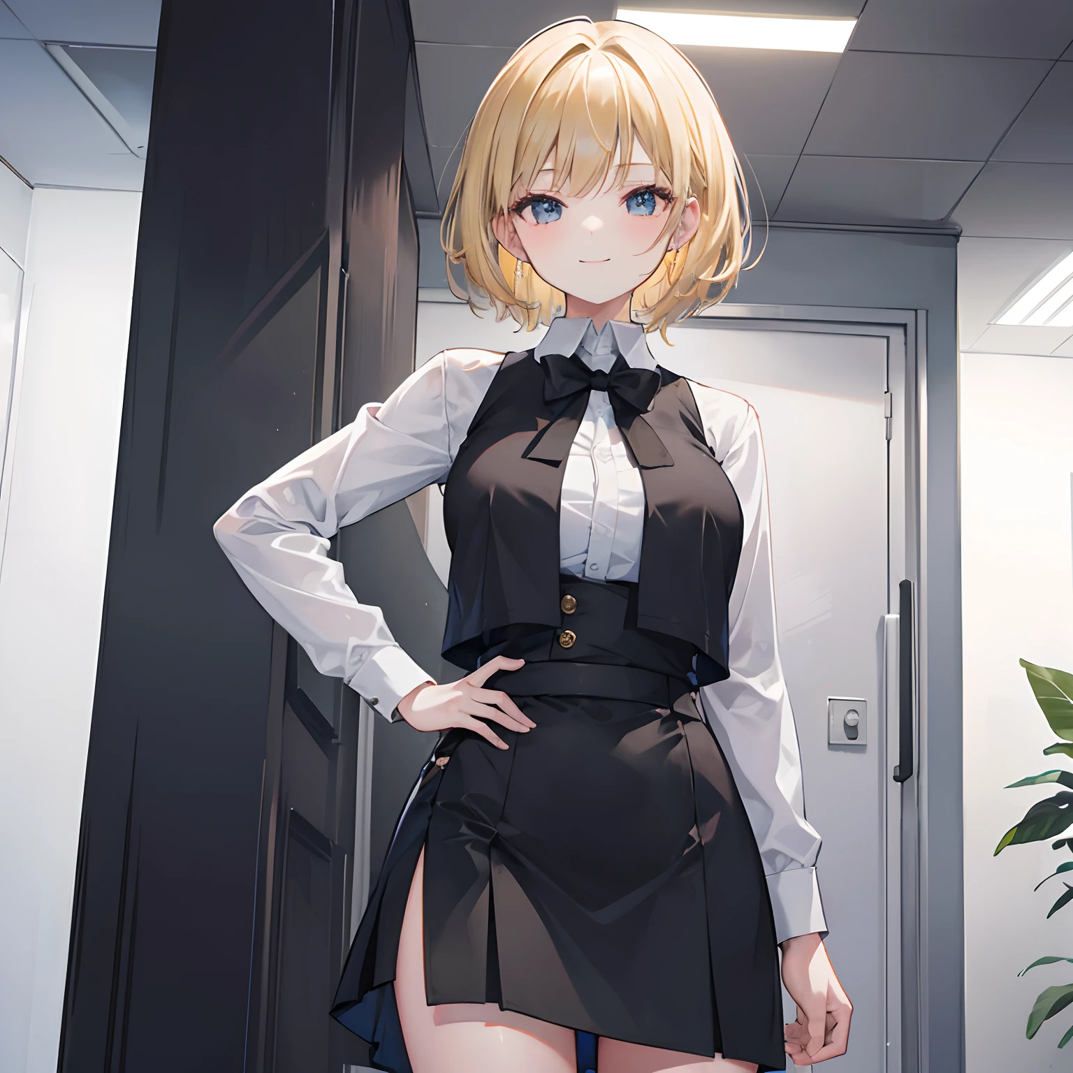 Masterpiece, 1 girl, smiling, black wrap skirt, black vest, chillerism, short blonde hair, office