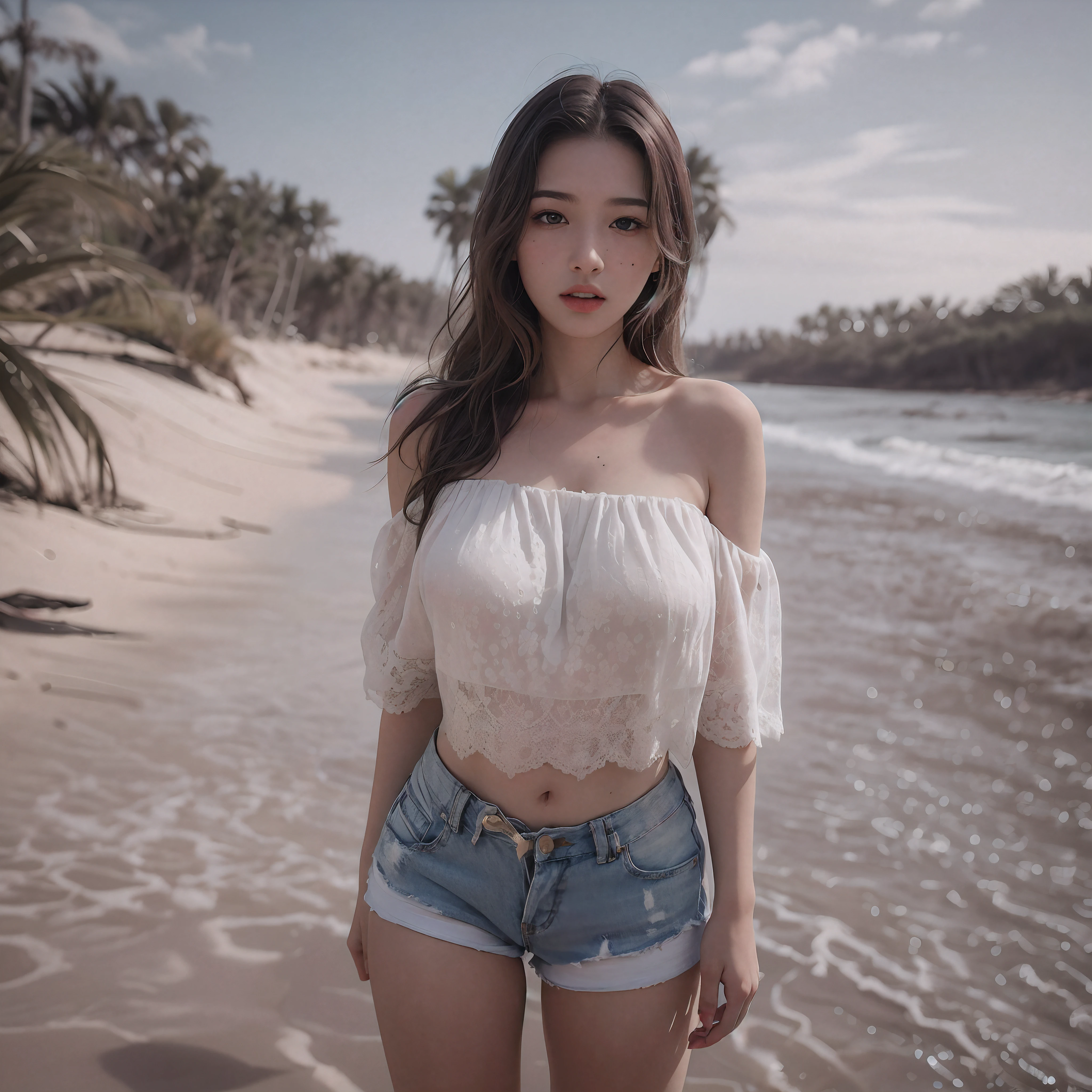 photorealistic, high resolution, 1 girl, white wavy hair, korean, heterochromia eyes, small mole below eye, loose white shirt, tight jean shorts, large breast, large thighs, panty visible