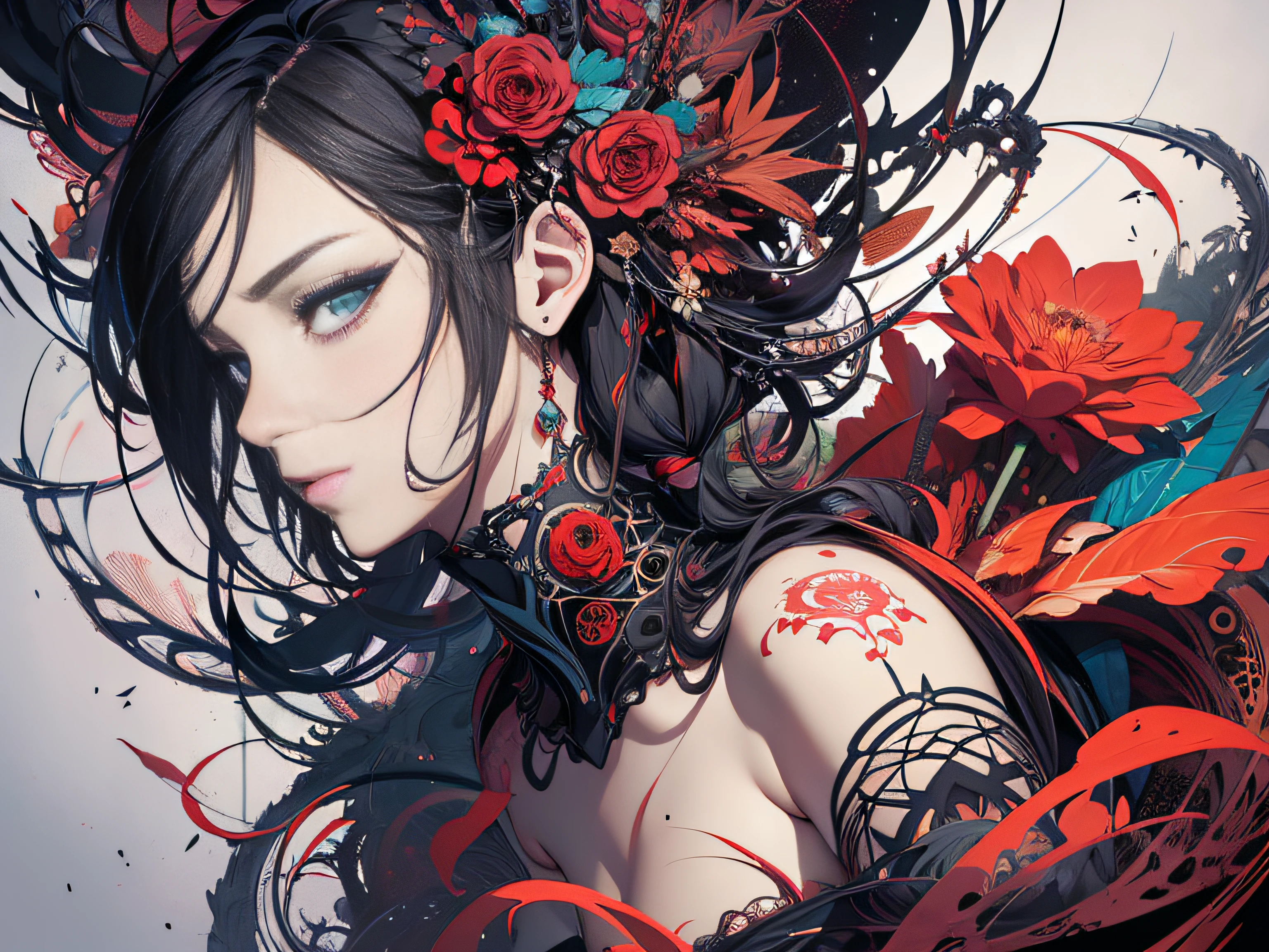 (Best Quality, masutepiece:1.3), (Illustration:1.15), (Lora More_detail),(Abstract, Zentangle, psychedelic:1.2), [(beautiful  Girl, Face, Neck, Slim waist, Legs:0.08) | | Beautiful roses, stem, thorns, roots:1.69] Art by Georgia O'Keeffe, Devianart Trend, ambiguity, mystery, Red color taste