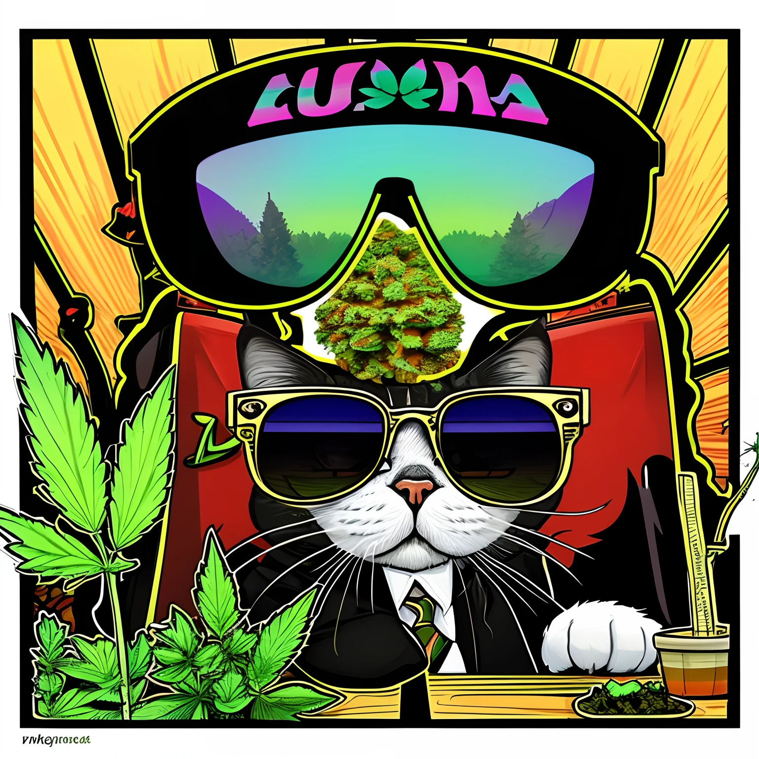 There is a cat in sunglasses and a marijuana plant, Fluffy Cat T-Shirt Design, Cannabis Paranoia, Cats and plants, Stoner's Eye, Stoner, marijuana!, illustration of a cat on it, liquid cat, ganja!, Cat smoking a cigar, high quality artwork, ganja, Very high quality artwork, Green cannabis leaves、 High-quality printing, Marijuana Theme