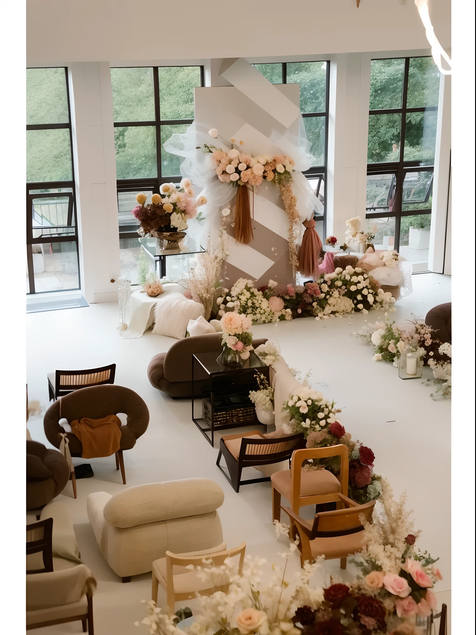 There was a room with lots of flowers and furniture, with backdrop of natural light, interior setting, brown and white color scheme, Ethereal and dreamy theme, Wedding, high-angle view, look at the details, Flower beds on the floor, brown and cream color scheme, Self-restraint, 🤬 🤮 💕 🎀, full - view, Brown and pink color scheme