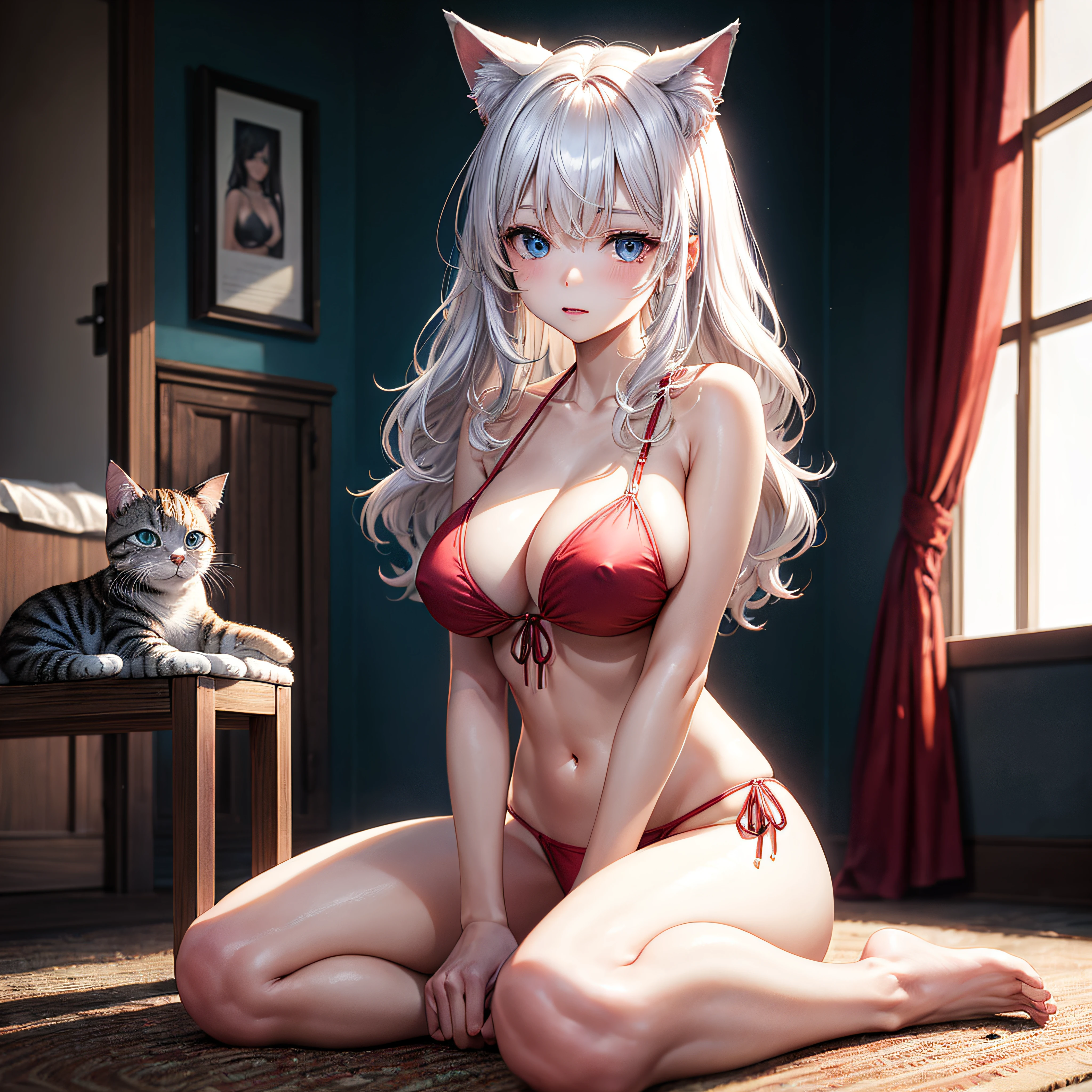 realisitic、top-quality、sitting down on the floor、((One Woman:1.5))、White hair、Long wavy hair、Blue eyes、inside in room、Medium chest、Cat's ears、big breasts、See-through bikini