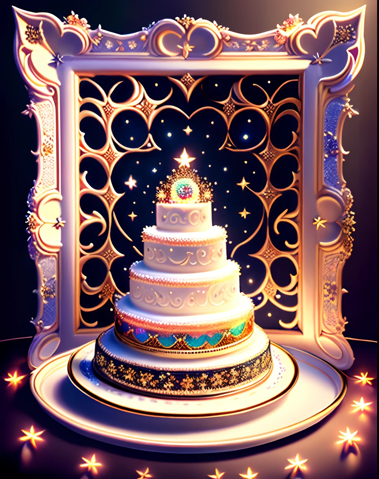 (best quality,4k,highres,masterpiece:1.2),exquisite cake,thick cream,decorated with various details such as small flowers,leaves and stars that reflect light,enticing appearance,several colorful candles on the cake,delicate candies and chocolates nearby,detailed cream,detailed flowers,vivid colors,sharp focus,ultra-detailed,artistic masterpiece,professional,abundance of dark colors,intricate details,attractive lighting,celestial photography,framed,centered,symmetry