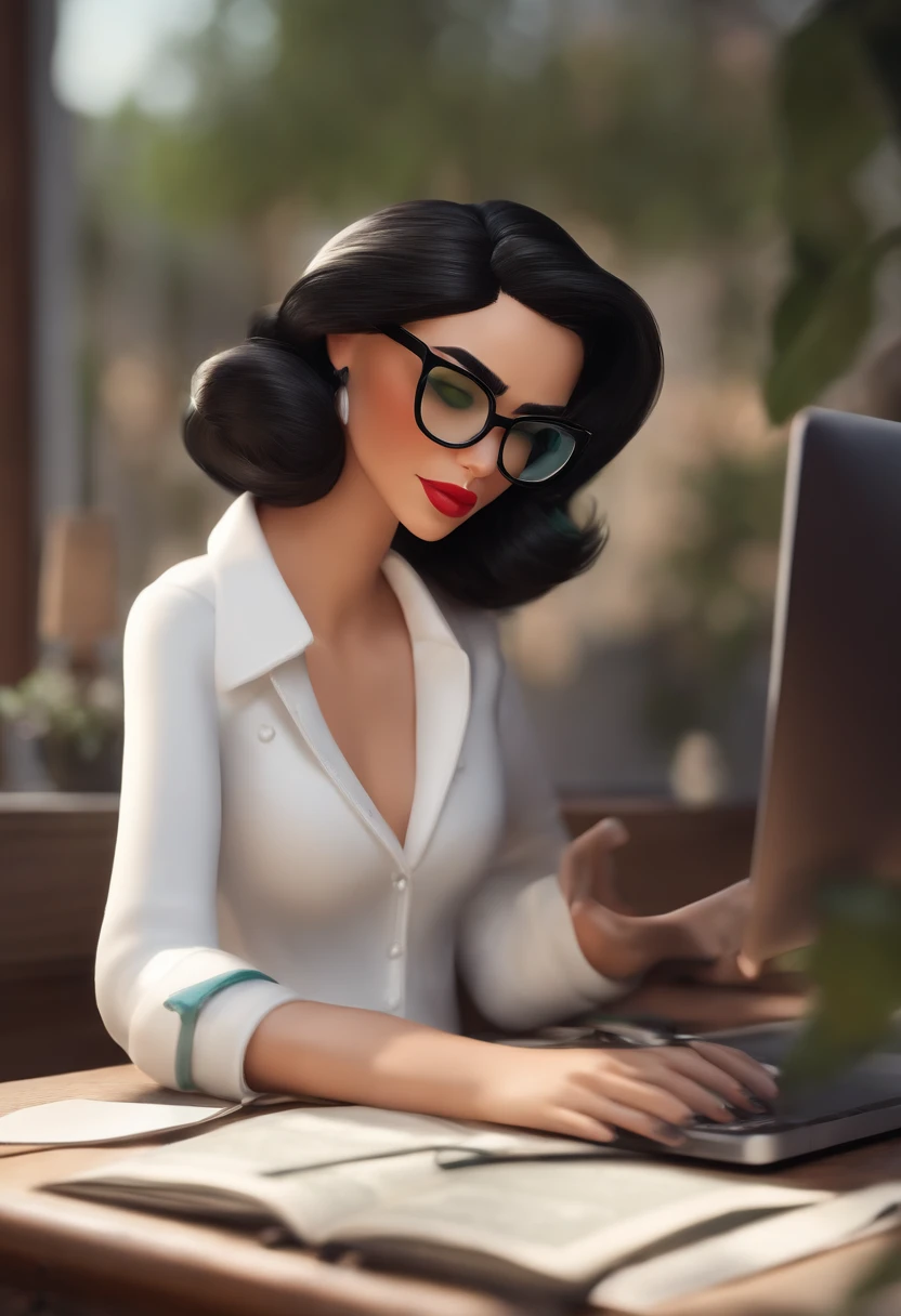 Mulher branca estilo Disney pixar, 35 anos, 1m68, Cat glasses with transparent frame, Medium-length straight black hair with blue-green highlights, vestindo uma roupa de estilo plus size, Working on your MacBook on a desk full of papers, livros, A lamp and a black and white cat sleeping. In the background, uma sorveteria