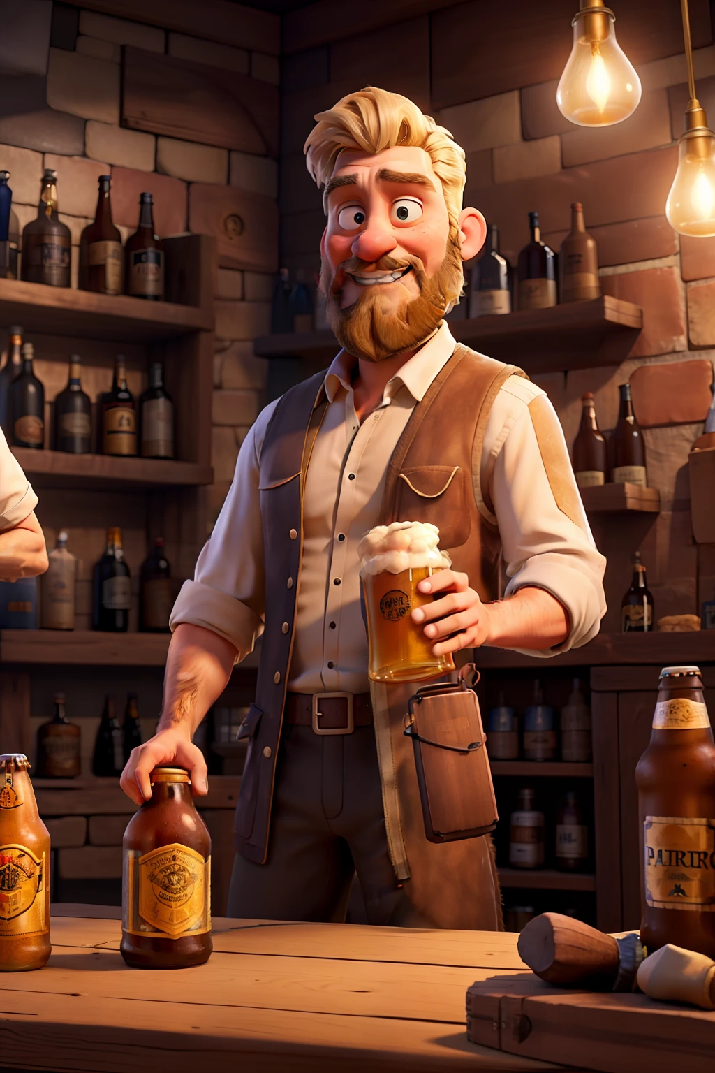 A blond and bearded alchemist making a beer in an interesting environment full of stories, In this environment is playing a rock and roll