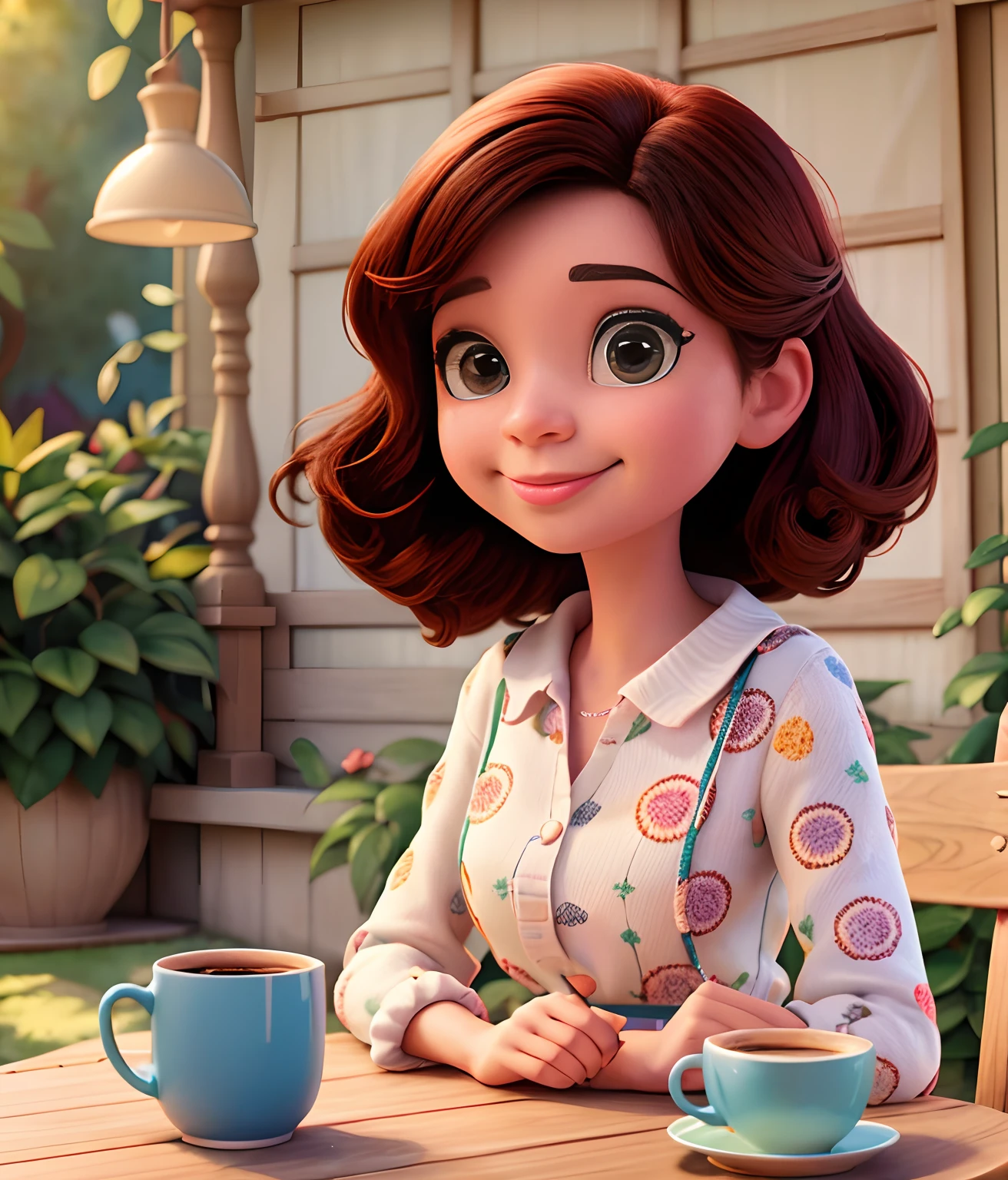 Cartoon girl sitting at a table with a cup of coffee, animated film, personagem bonito dos desenhos animados, personagem bonito, official illustration, arte digital detalhada bonito, Cartoon style illustration, Arte Oficial, painting digital adorable, estilo bonito dos desenhos animados, animation character, animation film, Fanart, perfect crisp sunlight, design de personagem bonito pixar, stylized as a 3d rendering, In the style of the Disney animation, very black and straight hair with bangs