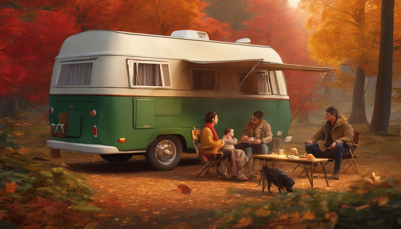 A place with red, yellow, and green autumn leaves, Japanese people, four adults drinking coffee around a simple table, children and dogs hiking in the background, outdoors, camper van, multi-person camping, solo camping, bonfire, chatting, having fun I'm here. Smile, highest quality, 8K, masterpiece, highest quality, super resolution, 8k portrait, Unity 8k wallpaper, 8k portrait, watercolor, masterpiece