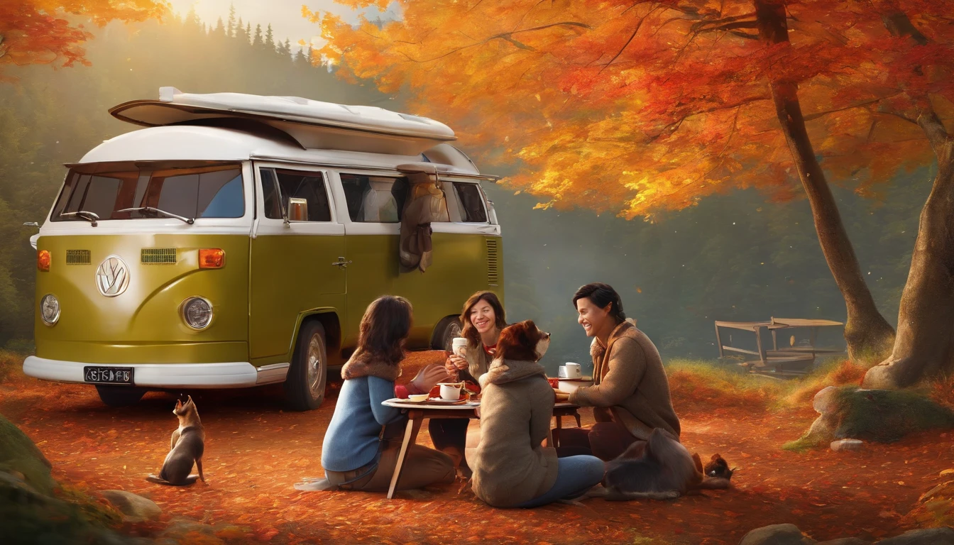 A place with red, yellow, and green autumn leaves, Japanese people, four adults drinking coffee around a simple table, children and dogs hiking in the background, outdoors, camper van, multi-person camping, solo camping, bonfire, chatting, having fun I'm here. Smile, highest quality, 8K, masterpiece, highest quality, super resolution, 8k portrait, Unity 8k wallpaper, 8k portrait, watercolor, masterpiece