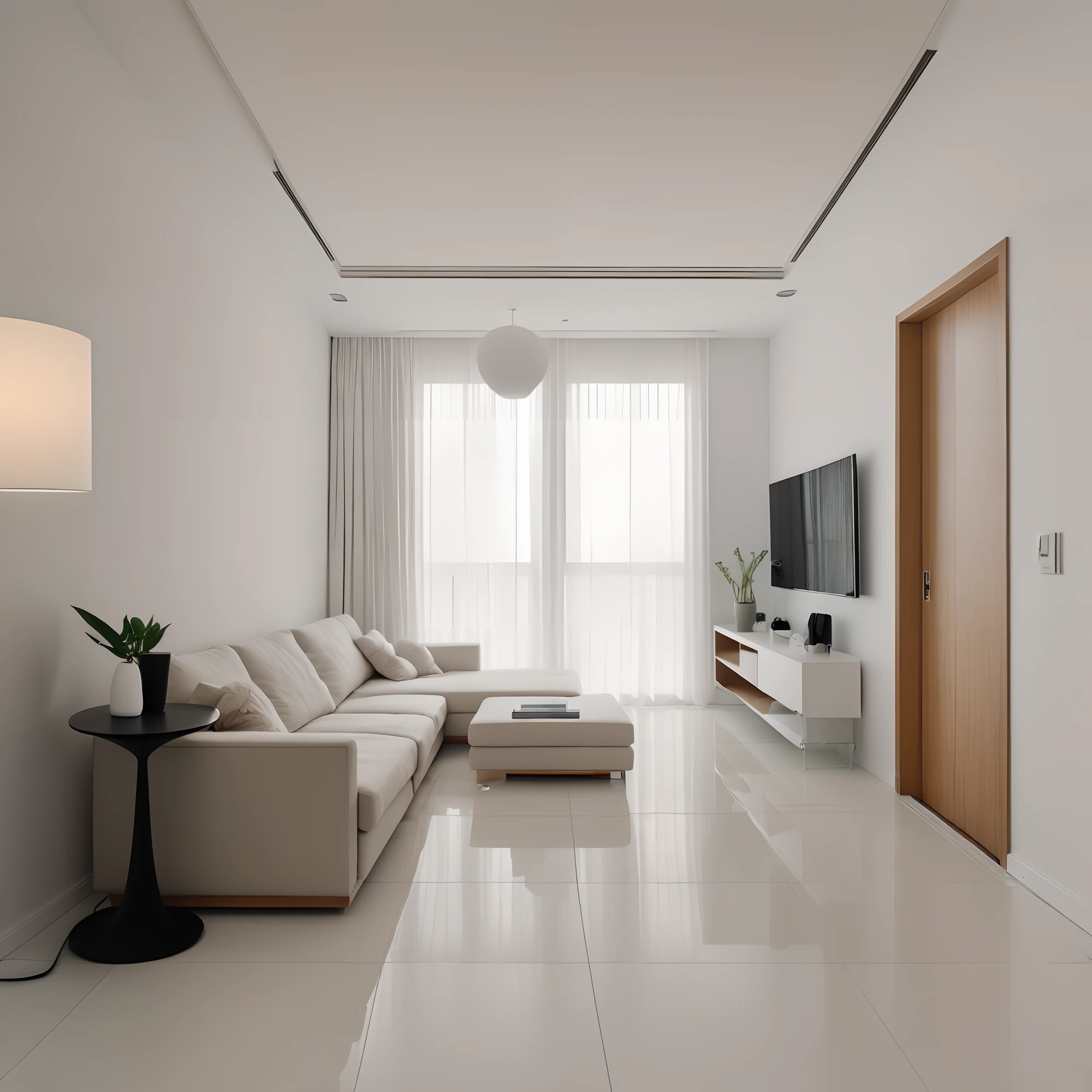 minimalist livingroom interior design, white title floor, wood door the right, rug, curve sofa, glass door, lamp, picture frame, cabinet, white curtain, white ceiling, (masterpiece), smooth light, realistic, high quality, softlight, natural contrast, scenery,(luxury), potted plant, led warm