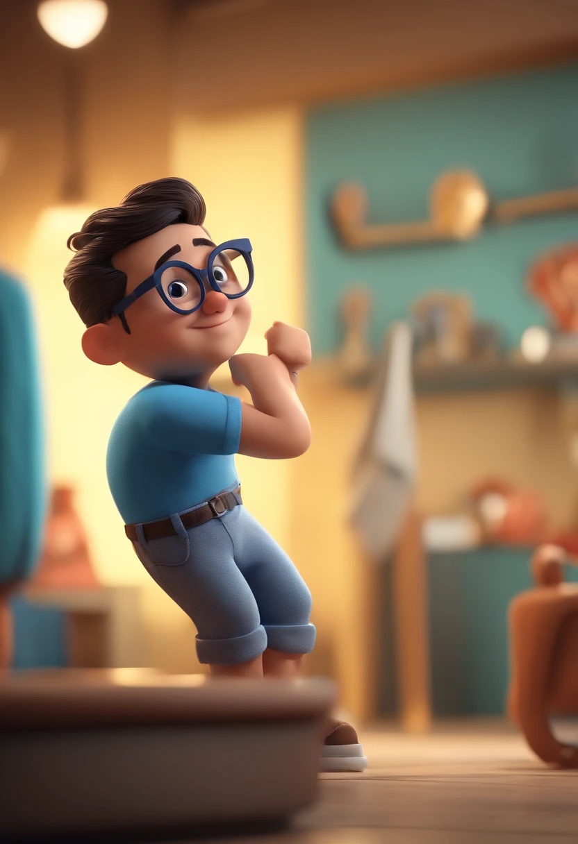 Cartoon character of a man with black glasses and a blue shirt, animation character, Caractere estilizado, animation style rendering, 3D estilizado, Arnold Maya render, 3 d render stylized, toon render keyshot, Personagem 3D, Personagem 3D, 3d rendering stylized, 3 d character render, personagem de desenho animado, Personagem de close up, Pose de personagem,  (Estilo Pixar) (master part:1.2) (Bokeh) (best quality) (pele detalhada) (textura detalhada) (8k) (argila) (Cinematic lighting) (foco nítido