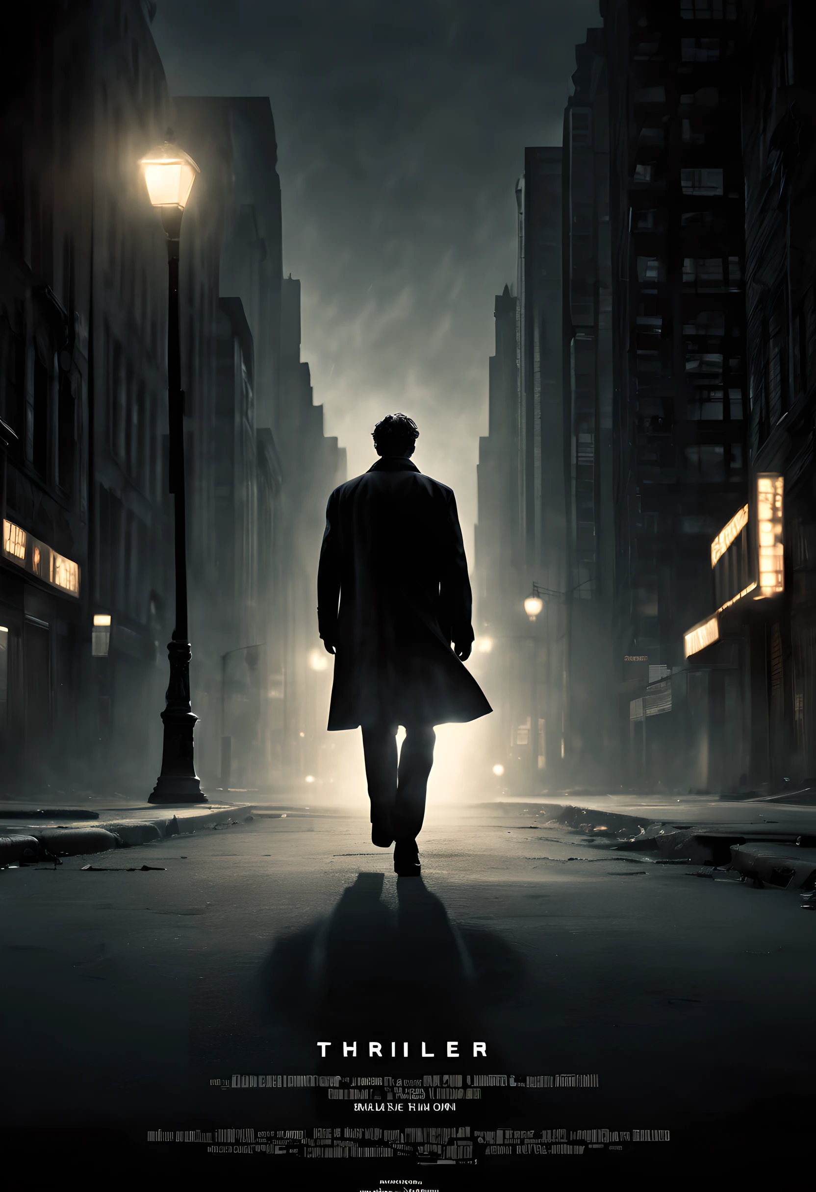 Prepare for a heart-pounding thriller with this captivating movie poster featuring a lone figure racing against time in a desolate cityscape, illuminated by a single flickering streetlight. The composition evokes a sense of tension and suspense, with a dark and gritty atmosphere. The use of shadows and dramatic lighting creates a sense of mystery and intrigue, leaving viewers on the edge of their seats. Directed by renowned filmmaker Christopher Nolan，texts