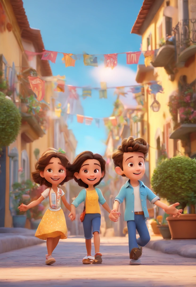 Cartoon of friends having fun on vacation together, 3D Animation Movie Poster, Poster de filme animado, pixar 3 d animation style, pixar renderman rendering, maia 8 mil, animated film, Disney Pixar Estilo 3D, Family of 2 adults and two children, sendo um com camisa de time e uma meninaestido de princesa felizes saem juntos, all wearing light blue shirts and cream brown long pants, camisa azul clara, cream brown pants, ao ar livre, vacation, Disney Pixar Animation Poster