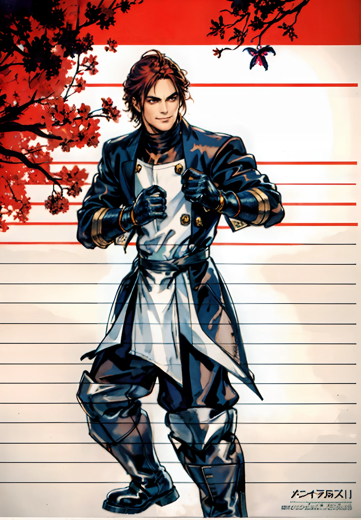 A young man, auburn hair, a center-parted back hairstyle, dark skin, narrow eyes, a cunning smile, a two-piece fantasy-reality style outfit, a white undershirt, a dark formal-style coat, wearing gloves, matching trousers with the outfit, has metallic-adorned knee-high boots, striking a boxing pose, against a background of horizon, this character embodies a finely crafted fantasy-reality style fighter in anime style, characterized by an exquisite and mature manga illustration art style, high definition, best quality, highres, ultra-detailed, ultra-fine painting, extremely delicate, professional, anatomically correct, symmetrical face, extremely detailed eyes and face, high quality eyes, creativity, RAW photo, UHD, 8k, Natural light, cinematic lighting, masterpiece-anatomy-perfect, masterpiece:1.5, tan skin