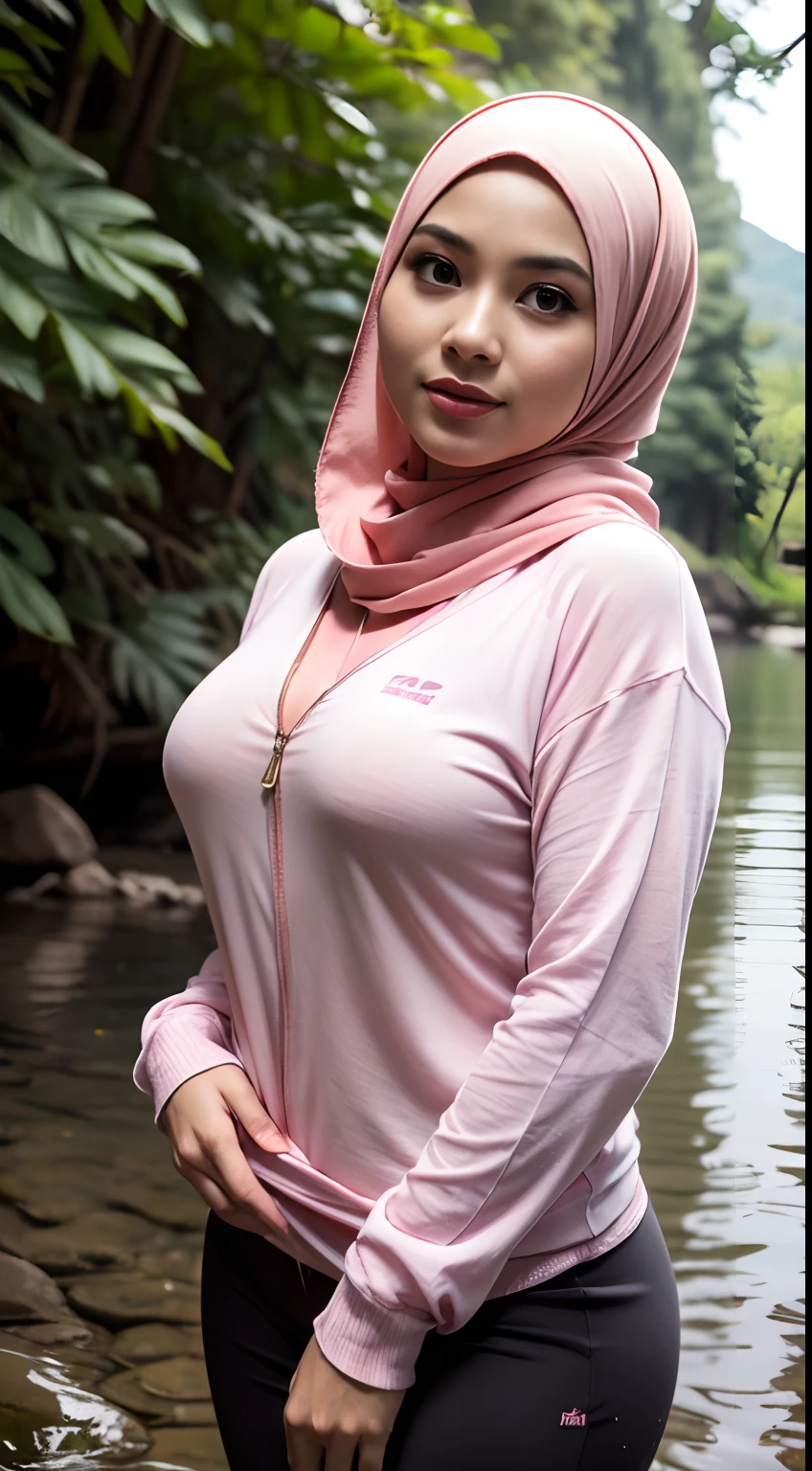 RAW, Best quality, high resolution, masterpiece: 1.3), beautiful Malay woman in hijab (iu:0.8),Best quality, high resolution, Masterpiece: 1.3, Beautiful  hijabi malay girl, Masterpiece, Soft smile,Beautiful Malay women wear pastel color hijab at waterfall, bright sunshine, hiking clothes, pullover, long pants, highres,4k,HDR,1girl, photorealistic, realistic,sweat skin, wet clothes, wet body, soaked, dripping, bright sunshine, ankle length dress, shawl, long sleeved shirt, bright clothing, dark skin, highres,4k,HDR,1girl, photorealistic, realistic,sweat skin, thin face, big breast, perfeck make up, big eyes, glossy lips,