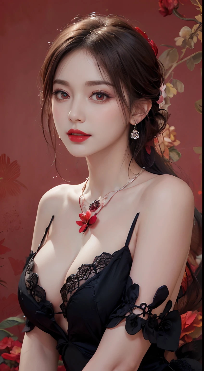 1 beautiful and attractive 20-year-old girl, ((Wearing an ultra-thin red dress with diamonds: 1.8)), ((Long platinum hair: 1.6)), Bangs, Elaborate jewelry made from noble stones and beautiful hair, ( ( Wearing a black lace necklace:1.4))), noble, Aristocratic style of a very beautiful girl, Super cute little face, Very pretty face, Thin eyebrows, Beautiful face, flawless, ((black eye pupil: 0.8))), Very pleasing to the eye, ((Light red eyes: 1.5)), Beautiful makeup and hair, detailed eyelash, Eye Makeup Wet, High Nose, earrings, Red lips, ((Closed mouth: 1;5 )) Beautiful lips, Slim hands, The most beautiful thighs, Rosy face, Clean face, Perfect beautiful face, Fair skin Smooth white skin, ((Big breasts: 1.5)), ((high breasts: 1.6)), firm breasts, Nice cleavage, (((Super Round Chest: 1.6))), ((Super tight breasts: 1.7 )), Beautiful breasts, ((Shoulders: 1.8)), Beautiful breasts, Thin black mesh stockings with black lace trim, Perfect body, 8k photo, ultra-quality, Super realistic, Super 10x pixels, Optics for research, studio lights, edge light, two-tone light, (High Detail Skin: 1.2), Ultra-8k, Soft light, High quality, Volumetric Lights, optical, high-resolutionhigh-optics, Lighting, Best Photo, 4K, The 8k quality, Blur effect, Smooth sharpness, 10 x pixels, ((Red flower background:1.7)), Aurora, Lightning, Realistic Super Graphics, The most realistic drawing map, Alone, Solo, Very sharp images, Surreal, Upper body of a girl, (((frontal portrait: 1.6)))."