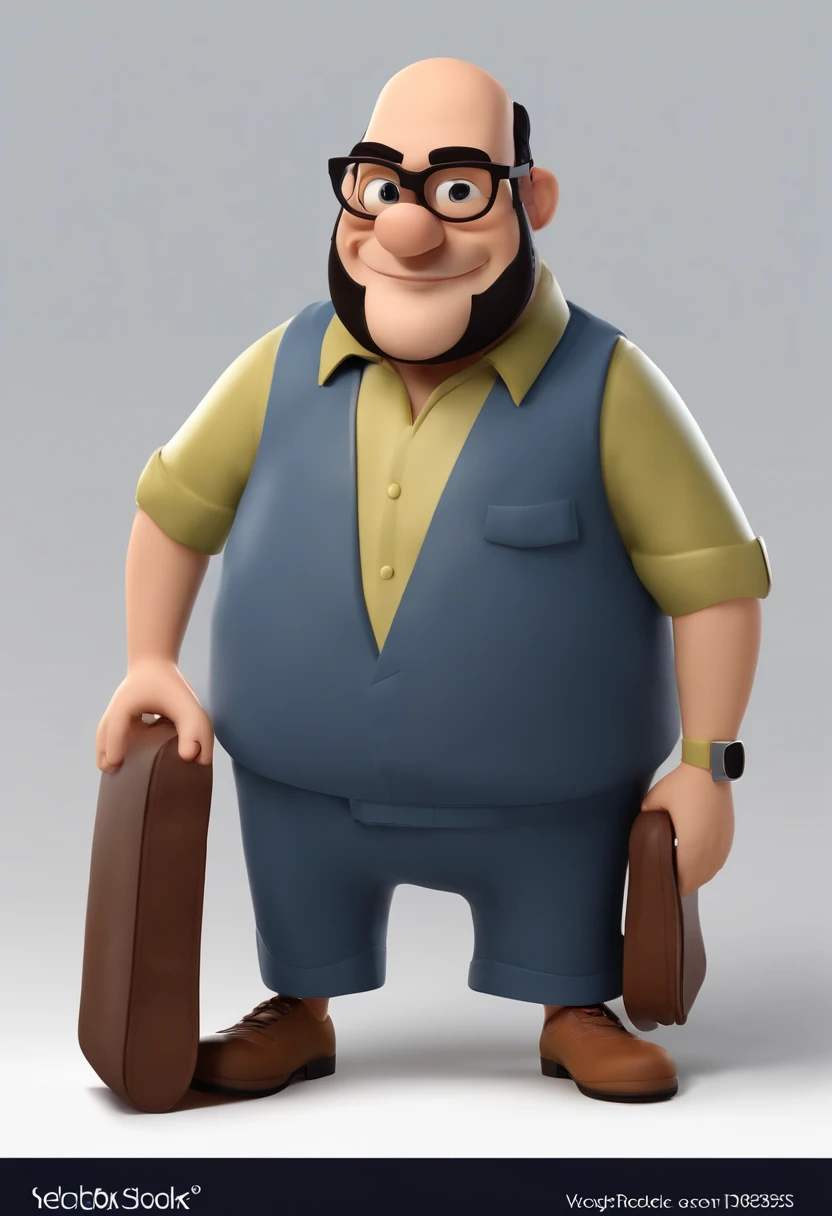 Cartoon character of a fat man wearing black glasses , careca e com barba preta onde os pelos do rosto proximo ao queixo sao grisalhos usa uma camisa azul, um personagem animado, barba preta, Caractere estilizado, animation style rendering, 3D estilizado, Arnold Maya render, 3 d render stylized, toon render keyshot, Personagem 3D, Personagem 3D, 3d rendering stylized, 3 d character render, personagem de desenho animado, Personagem de close up, Pose de personagem, (Estilo Pixar) (master part:1.2) (Bokeh) (best quality) (pele detalhada) (textura detalhada) (8k) (argila) (Cinematic lighting) (foco nítido,Senta e vaza a parte superior do corpo